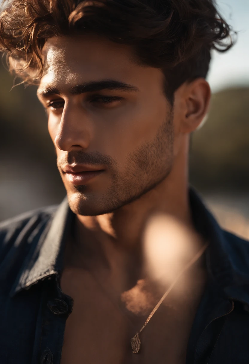 Cinematic soft lighting illuminates a beautiful Brazilian male model with stunning and ultra-realistic details,Foto de corpo inteiro da frente,olhar bonito,messy short brown hair,olhos claros de mel,Sorriso encantador perfeito,Criado sexy,Homem quente,insanamente bonita,That's the trend of ArtStation。Octane is the perfect tool to capture the softest details of this 16k photographic masterpiece。