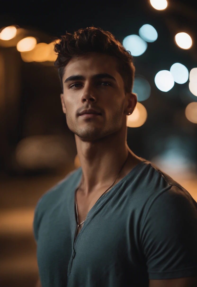 Cinematic soft lighting illuminates a beautiful Brazilian male model with stunning and ultra-realistic details,Foto de corpo inteiro da frente,olhar bonito,messy short brown hair,olhos claros de mel,Sorriso encantador perfeito,Criado sexy,Homem quente,insanamente bonita,That's the trend of ArtStation。Octane is the perfect tool to capture the softest details of this 16k photographic masterpiece。