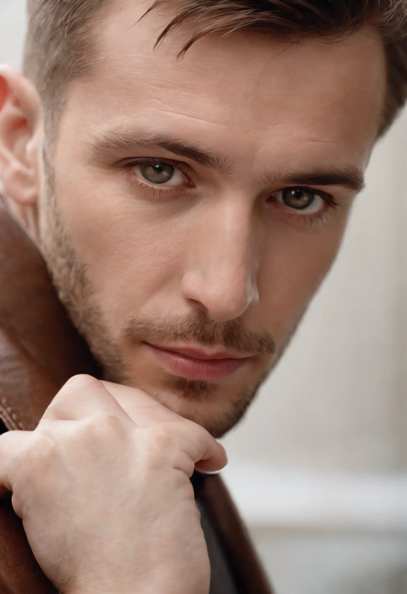 Um homem vestindo uma jaqueta de couro marrom elegante, andrzej sykut, Ultra High Definition Image, punk watch, Studio Photography, precision (mid closeup), rosto bonito, rosto claro