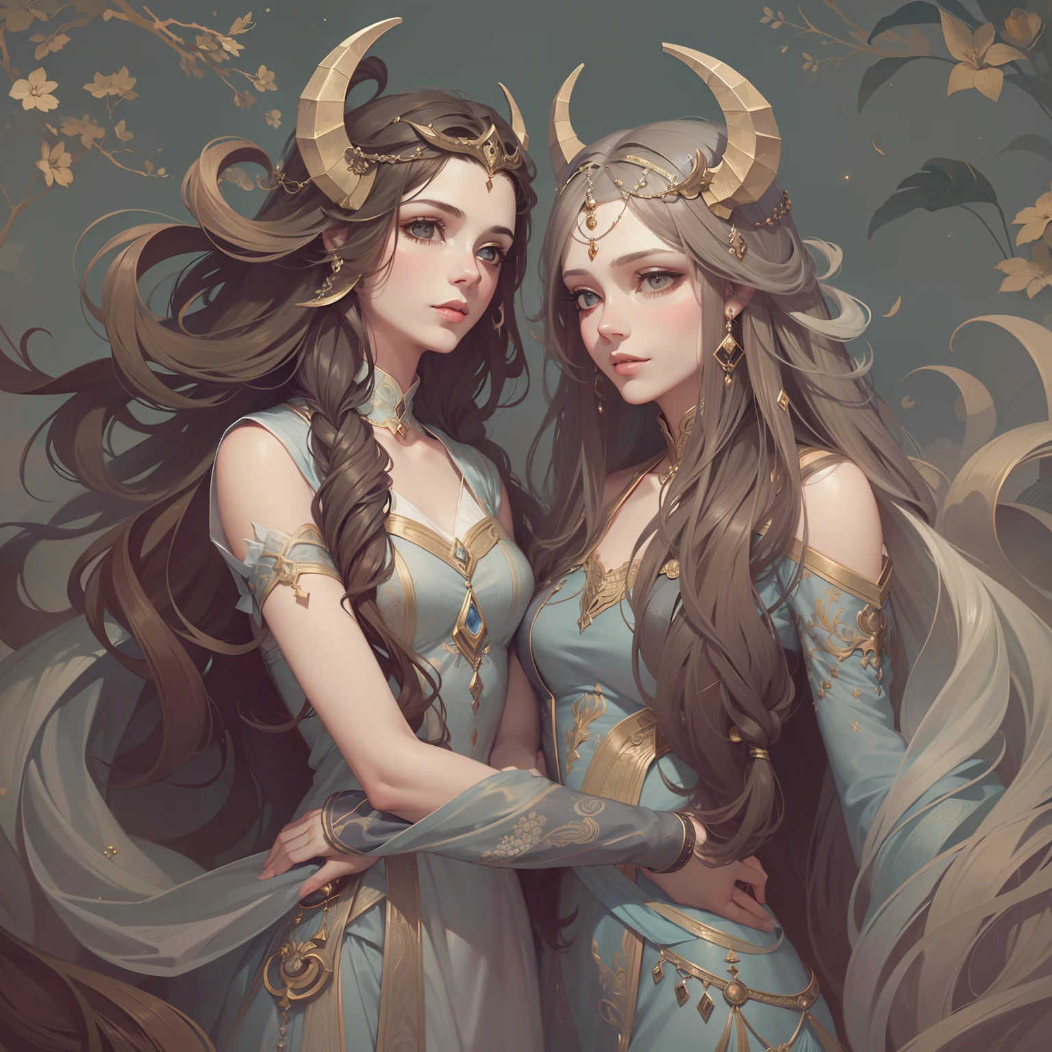 Adhesive, simple backgound, Portrait, 2 girls, couple, Girl with long hair, Beautiful Capricorn girl, Capricorn aesthetics, Beautiful long-haired girl, very beautiful fantasy art, Beautiful and elegant female Capricorn, beautiful detailed fantasy, Brown and gray taste, gray theme，