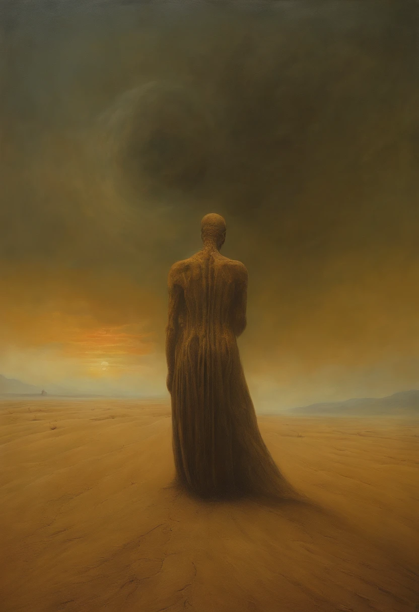 Image in the Zdzisław Beksiński style (Empty people, without abdomen just the mold of the rib cage, seem to search for their souls. (exaggerated movements) (arid climate) (heads in the painting style of Francis Bacon) (atmosphere of amazement) (post-apocalyptic) (oppressor)