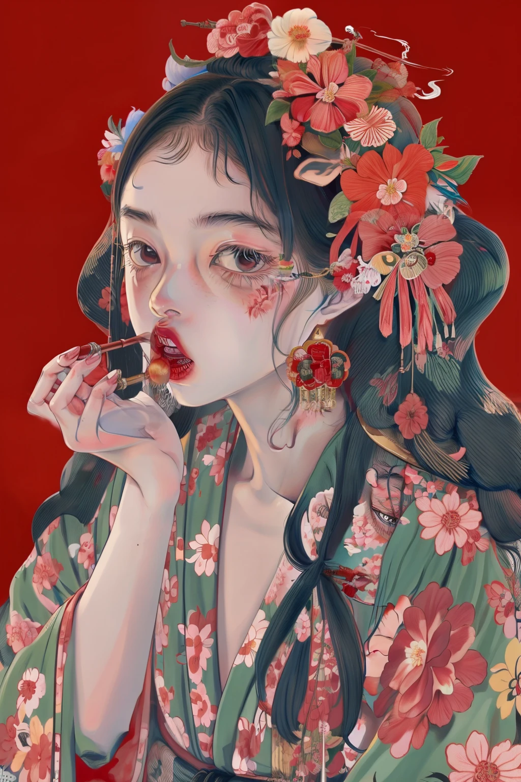 花魁、Kimono、Turn around、the whole、full body Esbian、Smoke pipes、kiseru、Overall view、Gorgeous red kimono、Sister sitting、Blow up the smoke pipe