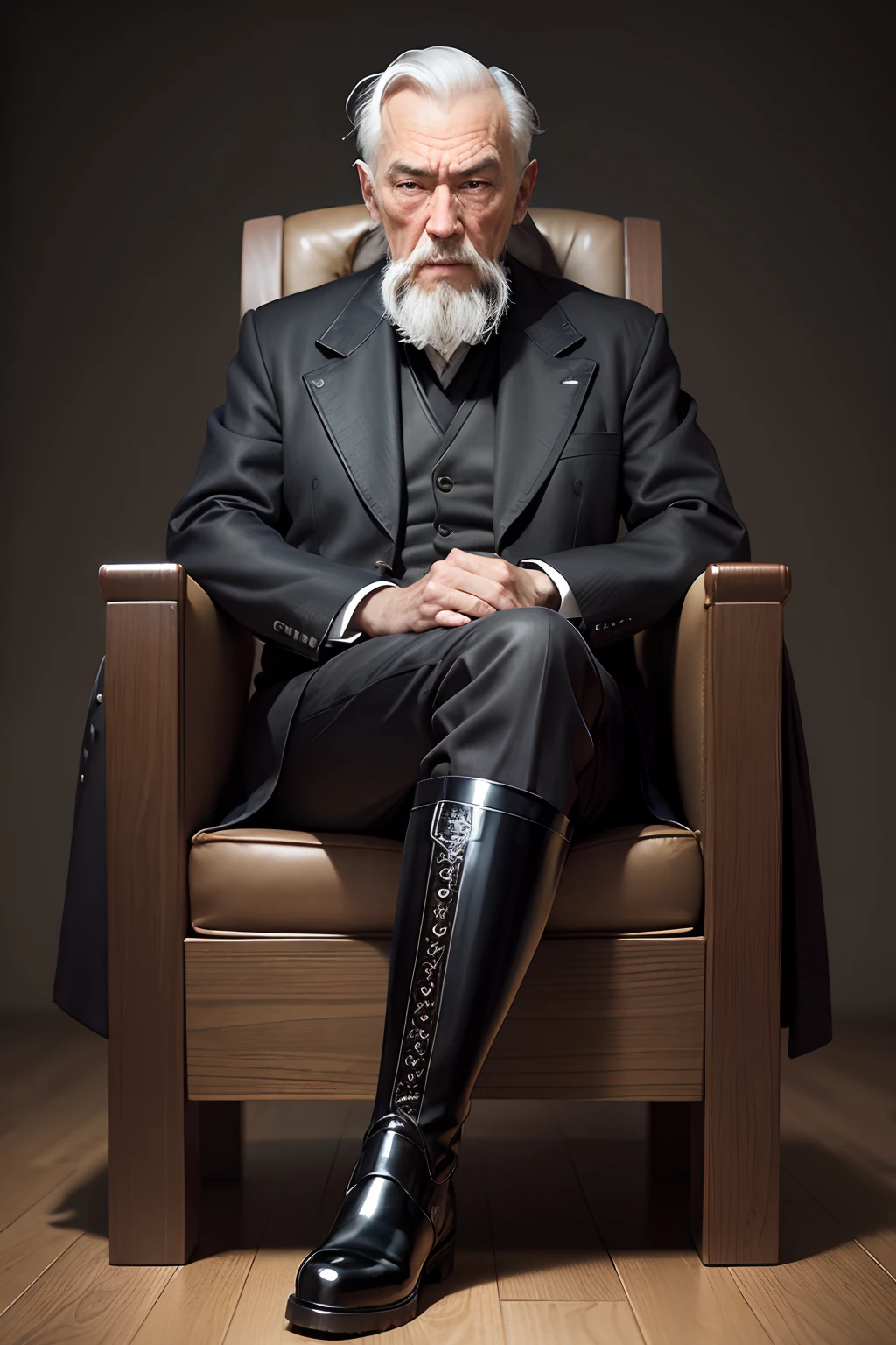 Old gentleman with a goatee,sit on chair,Eyes look at boots,Black high-gloss rain boots, 8K分辨率,Wallpaper masterpiece,Best quality,Highly meticulous,Ultra high quality