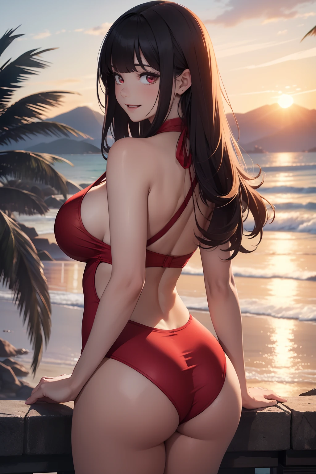 (masterpiece, best quality, ultra-detailed, 8k, wallpaper, photorealistic), (wide shot, from behind), beautiful girl, voluptuous body, perfect hands, (hmjy1), large cleavage, long hair, (blunt bangs), red eyes, psycho smile, excited smile, open mouth, erotic face, red face, bloodthirsty smile, (wear a red high-neck halter swimsuit), hands on the back of her head, seaside, sunset, palm trees, mountain, clouds, boats
