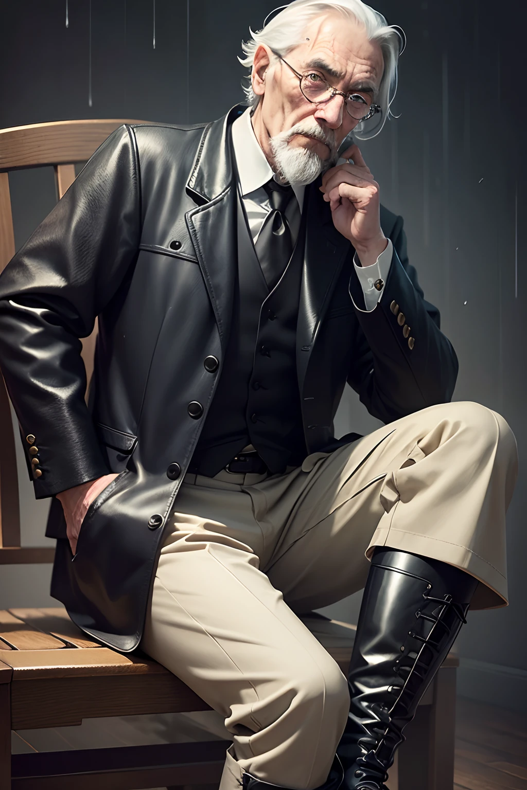 Old gentleman with a goatee,sit on chair,Eyes look at boots,Black high-gloss rain boots, 8K分辨率,Wallpaper masterpiece,Best quality,Highly meticulous,Ultra high quality