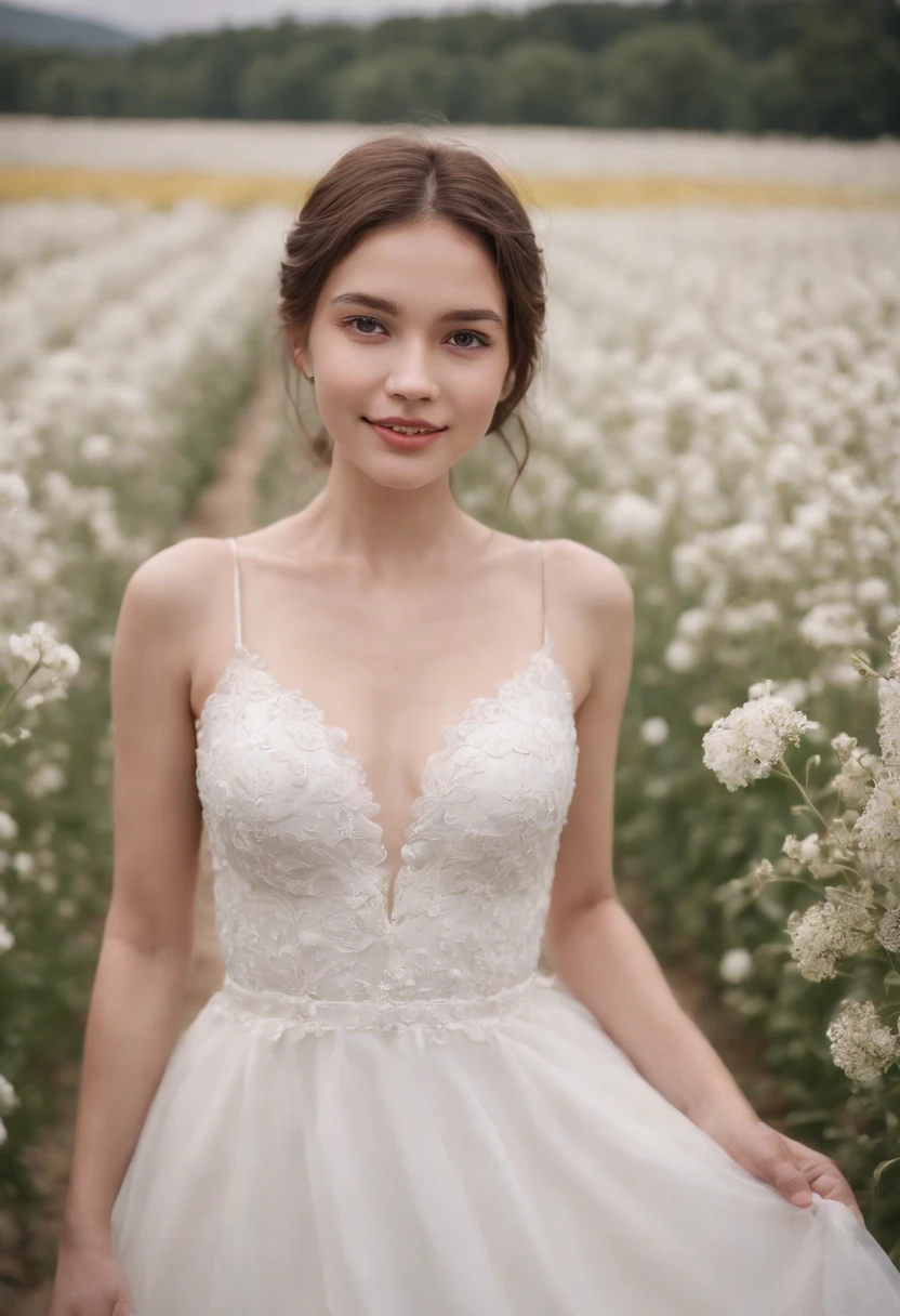 1girl in white wedding dress, Bare shoulders, blooming flower field, light smile, wollensak 127mm f/4.7 ektar