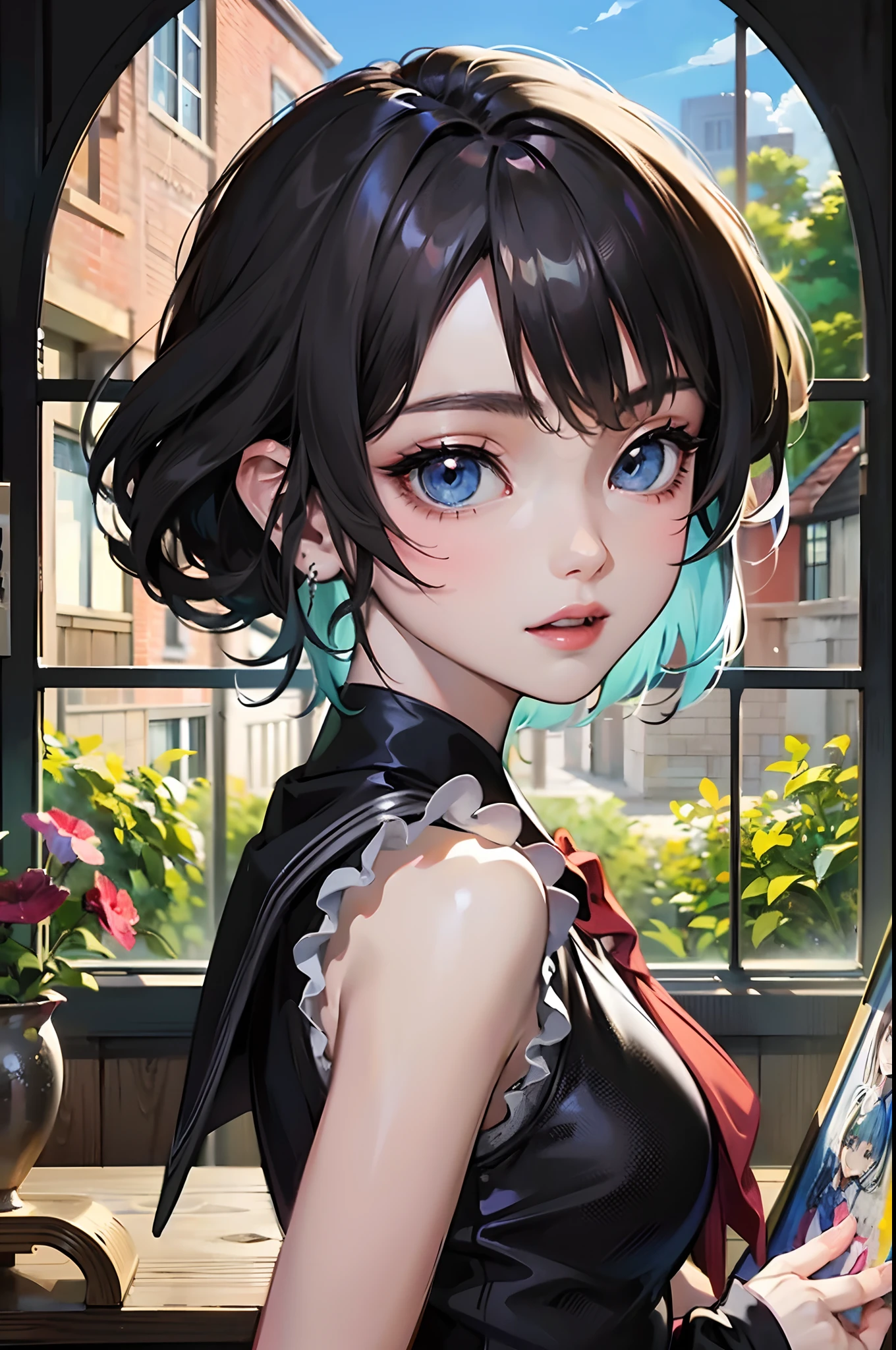 anime girl wearing a school uniform in front of a window; (((Best quality))) masterpiece vector illustration; anime character in sharp focus; detailed and vibrant anime face; character design; beautiful and vibrant digital art, hyperdetailed; overexaggerated features; Dynamic Lighting; Volumetric Lighting in 8k, Ultra Sharp Focus; intricate Artwork Masterpiece
