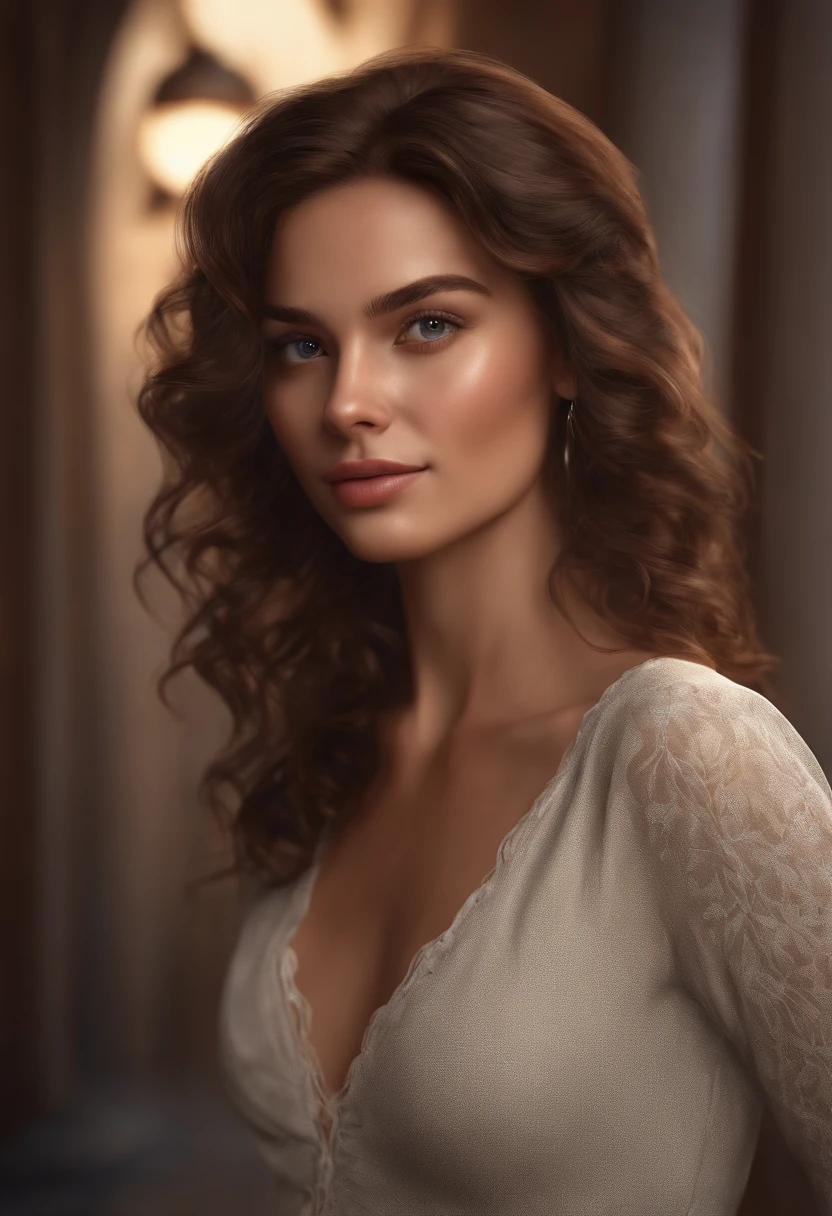 uma mulher com cabelos ruivos e um vestido vermelho, Arte digital realista 4K, Arte digital realista 4K, foto retrato suave 8 k, pintura digital realista, Retrato VFX altamente detalhado, 8k portrait render, sensual 8K lighting, 8 k arte digital realista, cinematic realistic portrait, stunning digital illustration, lindo pintura digital, Photorealistic digital painting talking to a curly-haired boy chatting and drinking coffee in the hallway of the building with Cinematic Soft Lighting illuminates a beautiful Brazilian male model with stunning and ultra-realistic details,Foto de corpo inteiro da frente,olhar bonito,messy short brown hair,olhos claros de mel,Sorriso encantador perfeito,Criado sexy,Homem quente,insanamente bonita,That's the trend of ArtStation。Octane is the perfect tool to capture the softest details of this 16k photographic masterpiece。