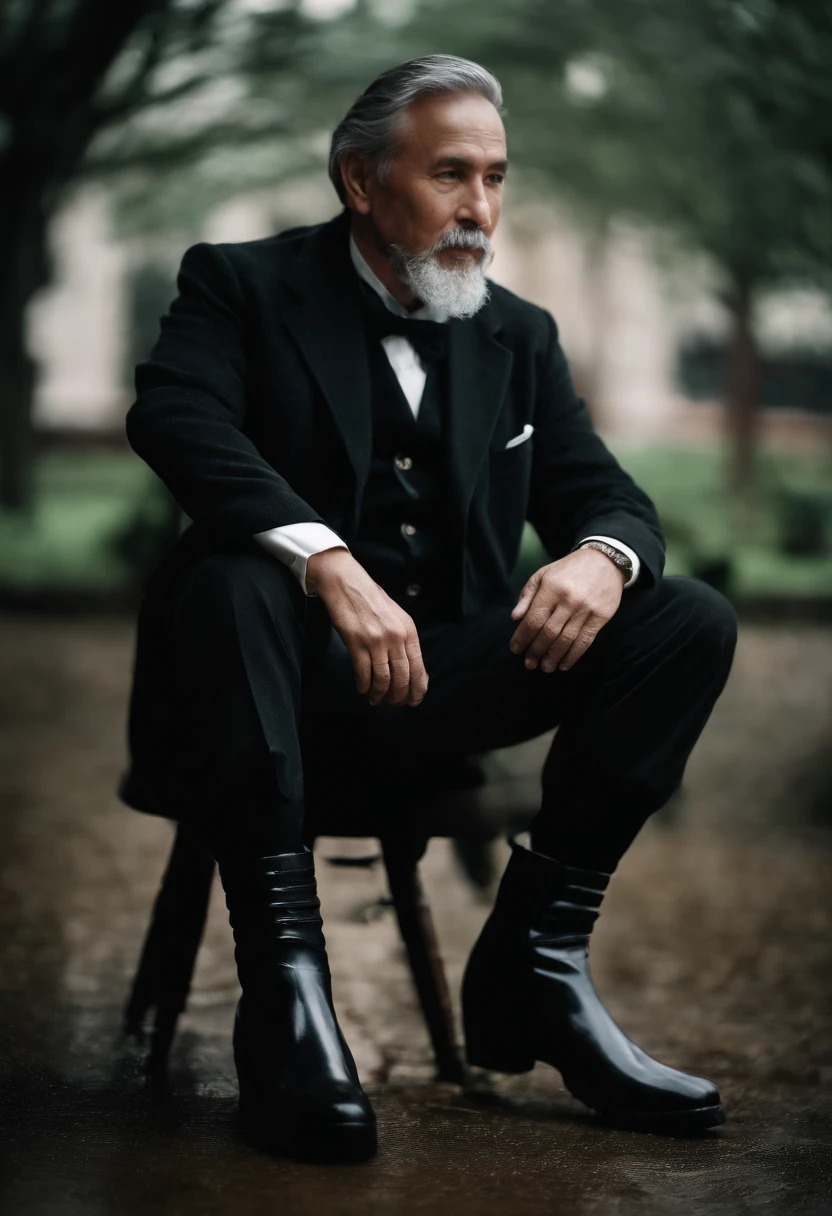 Old gentleman with a goatee,sit on chair,Eyes look at boots,Black high-gloss rain boots, 8K分辨率,Wallpaper masterpiece,Best quality,Highly meticulous,Ultra high quality