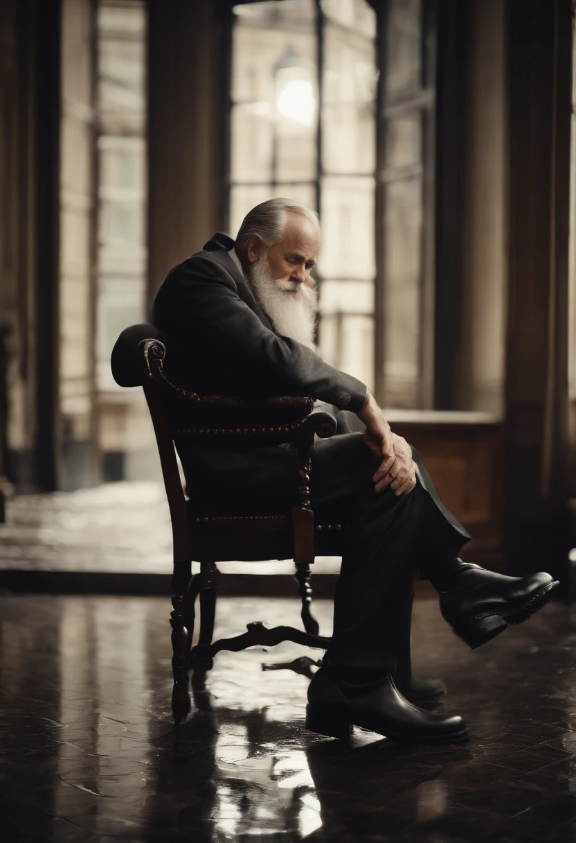 Old gentleman with a goatee，sit on chair，Eyes look at boots，Black high-gloss rain boots, 8K分辨率,Wallpaper masterpiece，Best quality，Highly meticulous，Ultra high quality