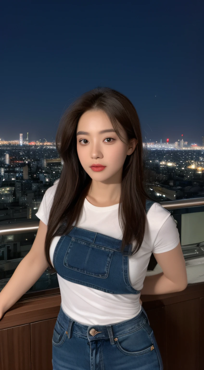 ((Midnight, Best quality, 8k, Masterpiece :1.3)), Whole body, Long legs, Sharp focus :1.2, A pretty woman with perfect figure :1.4, Slender abs :1.1, ((Dark brown hair, Big breasts :1.2)), (White tight tshirt, Jean bib, Standing:1.2), ((Night city view, Rooftop:1.3)), Highly detailed face and skin texture, Detailed eyes, Double eyelid