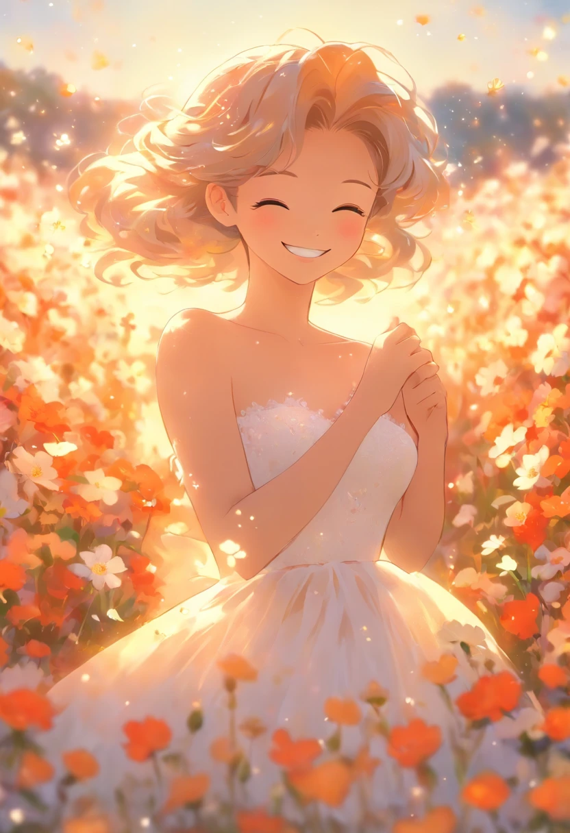 xxmix girl woman,1girl in white wedding dress, Bare shoulders, blooming flower field, light smile, wollensak 127mm f/4.7 ektar