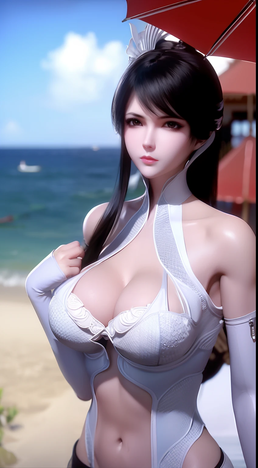 A girl with black hair holds an umbrella，Hands over large breasts。Wearing sexy white lingerie by the sea