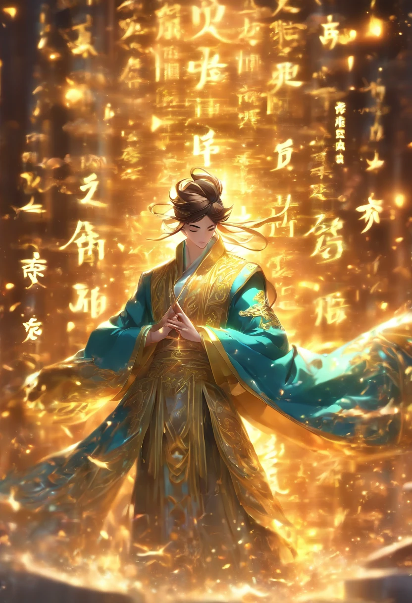 1boys,An ancient Chinese scholar,(Book in hand:1.5),(Transparent glowing golden Chinese characters hovered in midair:2),Vertical text,glittery,(Scholar in blue robes:1.5),Long flowing hair flutters in the wind,brunette color hair,16k, hyper HD, high resolution, Very detailed, Best image quality,(dynamicposes:1.5),(20 columns of Chinese characters:2),arranged in an orderly fashion