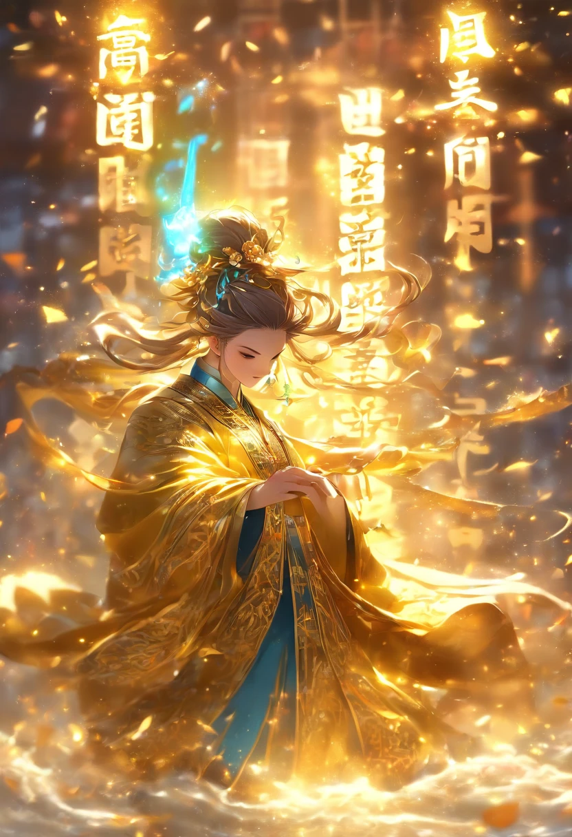 1boys,An ancient Chinese scholar,(Book in hand:1.5),(Transparent glowing golden Chinese characters hovered in midair:2),Vertical text,glittery,(Scholar in blue robes:1.5),Long flowing hair flutters in the wind,brunette color hair,16k, hyper HD, high resolution, Very detailed, Best image quality,(dynamicposes:1.5),(20 columns of Chinese characters:2),arranged in an orderly fashion