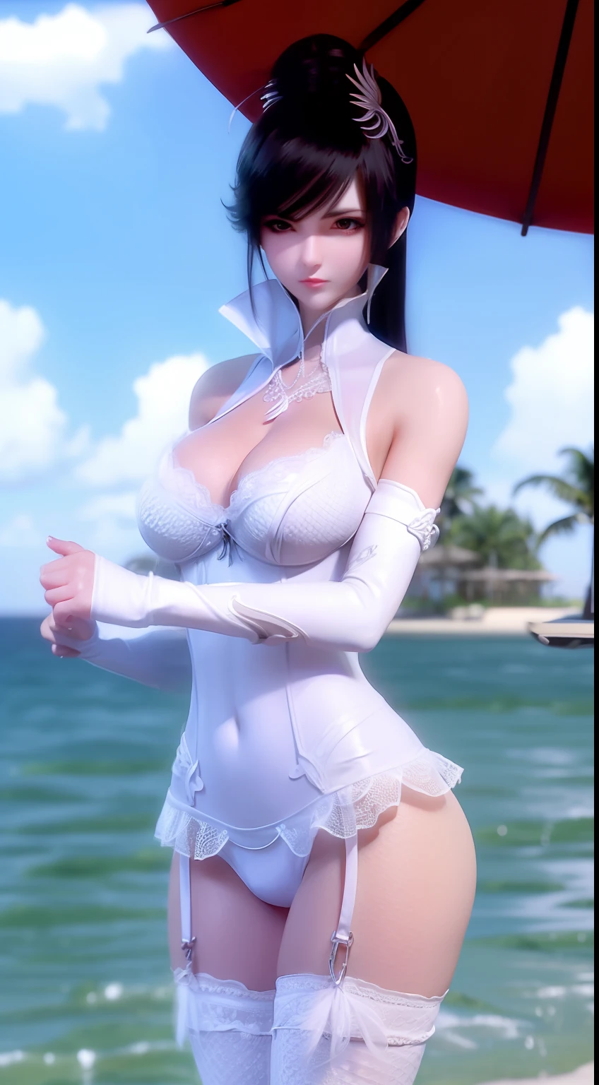 A girl with black hair holds an umbrella,Hands over large breasts。Wearing sexy white lingerie by the sea