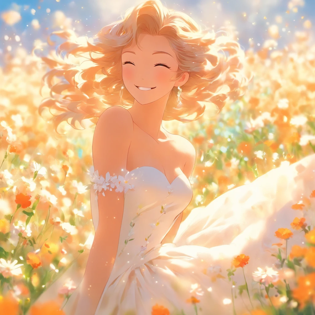 xxmix girl woman,1girl in white wedding dress, Bare shoulders, blooming flower field, light smile, wollensak 127mm f/4.7 ektar