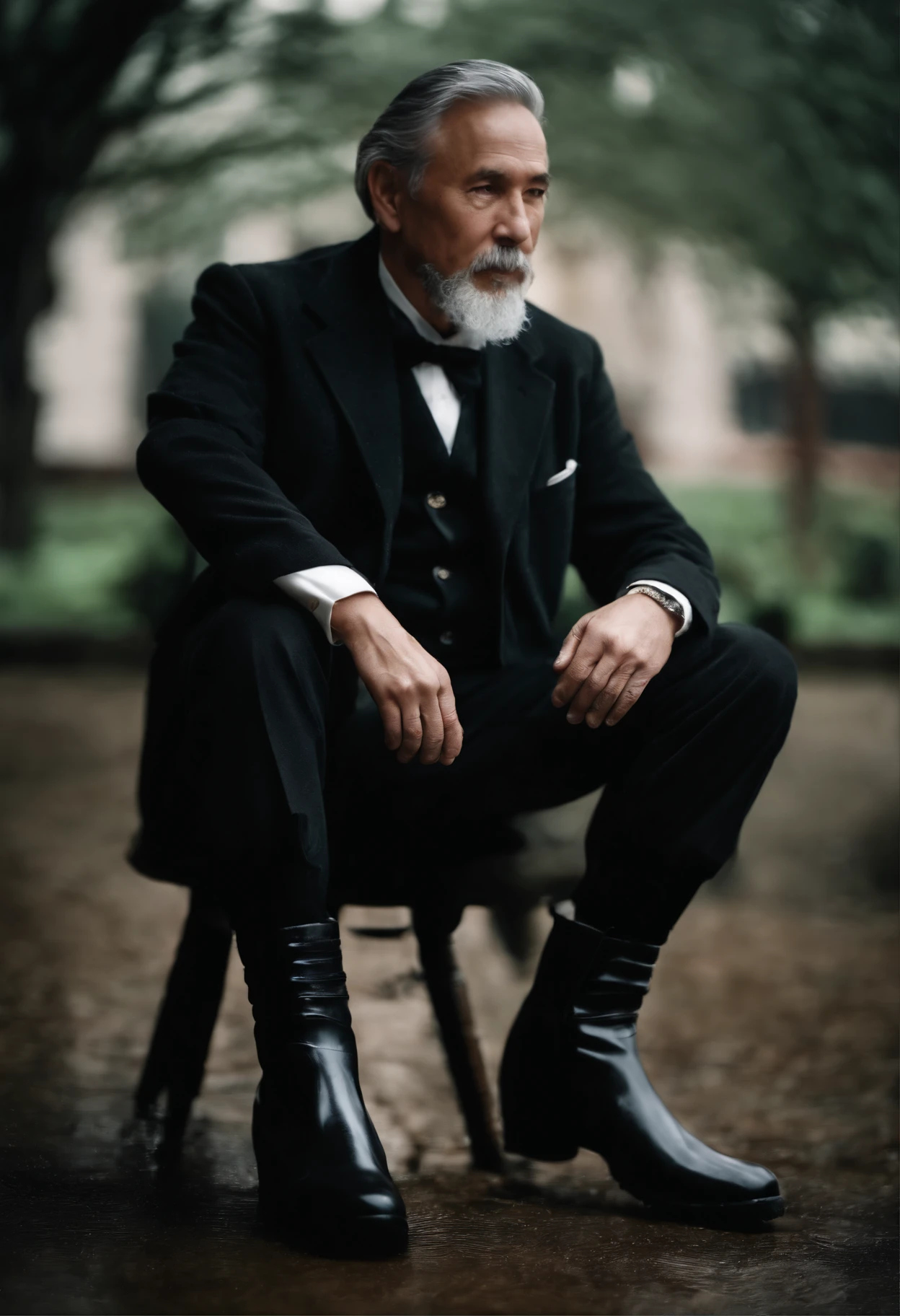 Old gentleman with a goatee,sit on chair,Eyes look at boots,Black high-gloss rain boots, 8K分辨率,Wallpaper masterpiece,Best quality,Highly meticulous,Ultra high quality