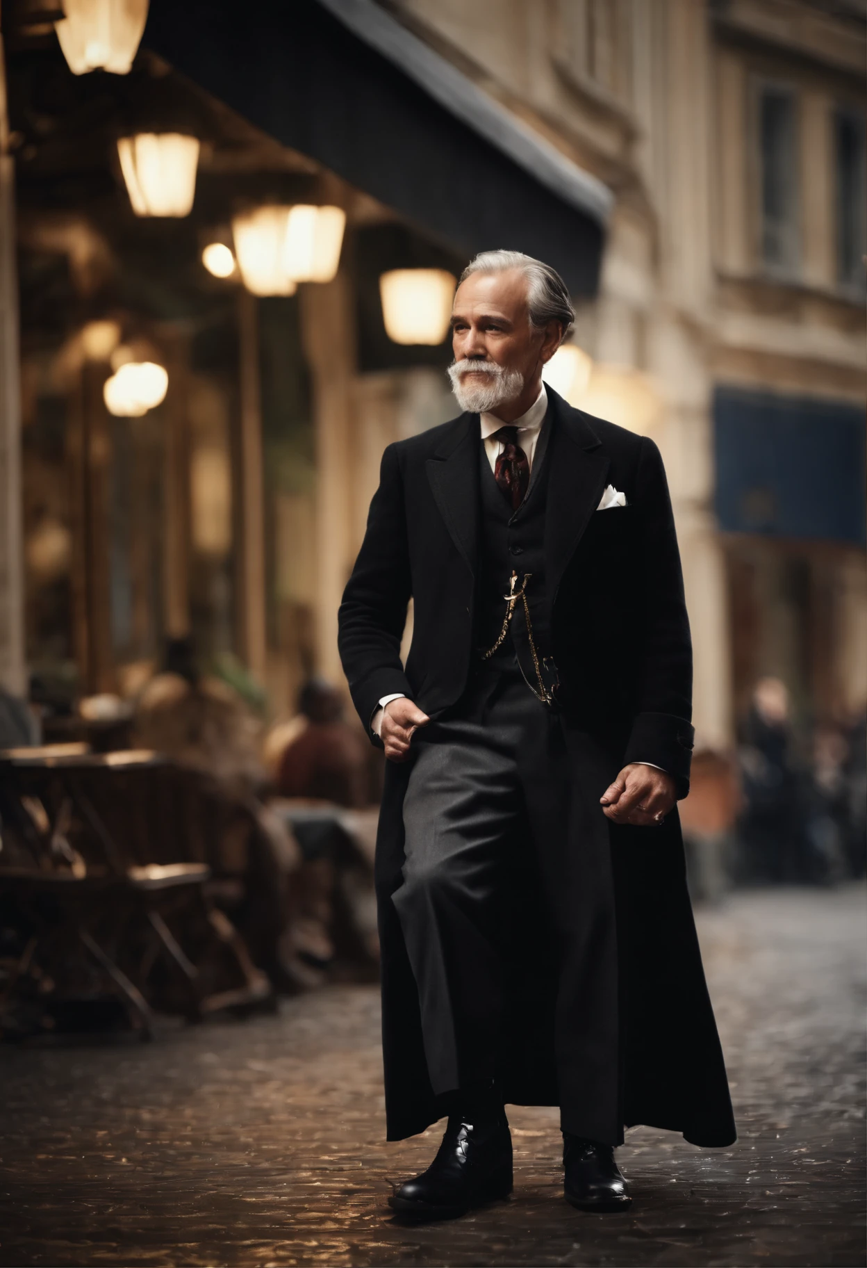 Old gentleman with a goatee，sit on chair，Eyes look at boots，Black high-gloss rain boots, 8K分辨率,Wallpaper masterpiece，Best quality，Highly meticulous，Ultra high quality