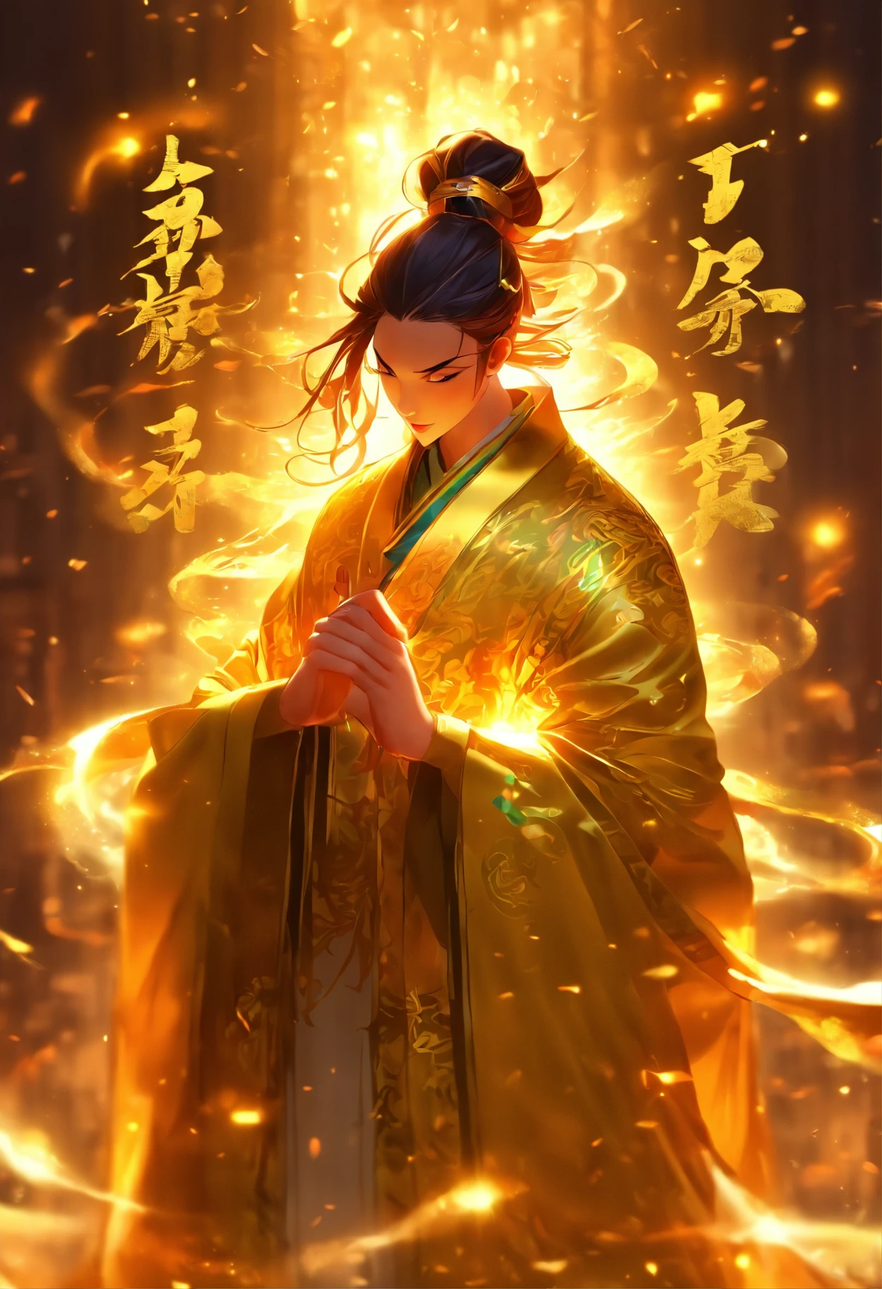 An ancient Chinese scholar,Holding a golden brush,Writing is in full swing,(Transparent glowing golden Chinese characters hovered in midair:2),Vertical text,glittery,Scholar in blue robes,Long flowing hair flutters in the wind,16k, hyper HD, high resolution, Very detailed, Best image quality,dynamicposes,(Dense Chinese characters:2),