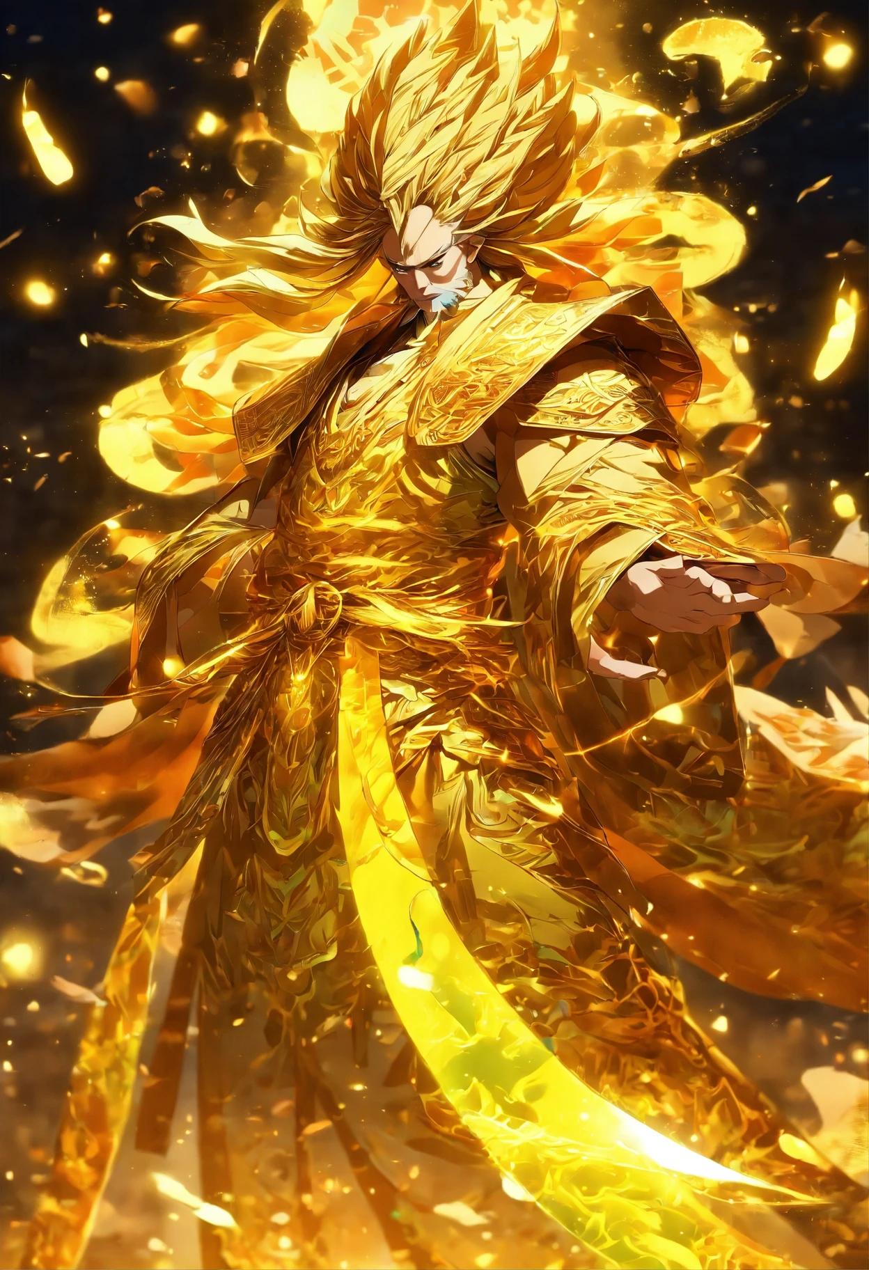 An ancient Chinese scholar，Holding a golden brush，Writing is in full swing，(Transparent glowing golden Chinese characters hovered in midair:2)，Vertical text，glittery，Scholar in blue robes，Long flowing hair flutters in the wind，16k, hyper HD, high resolution, Very detailed, Best image quality,dynamicposes，(Dense Chinese characters:2)，