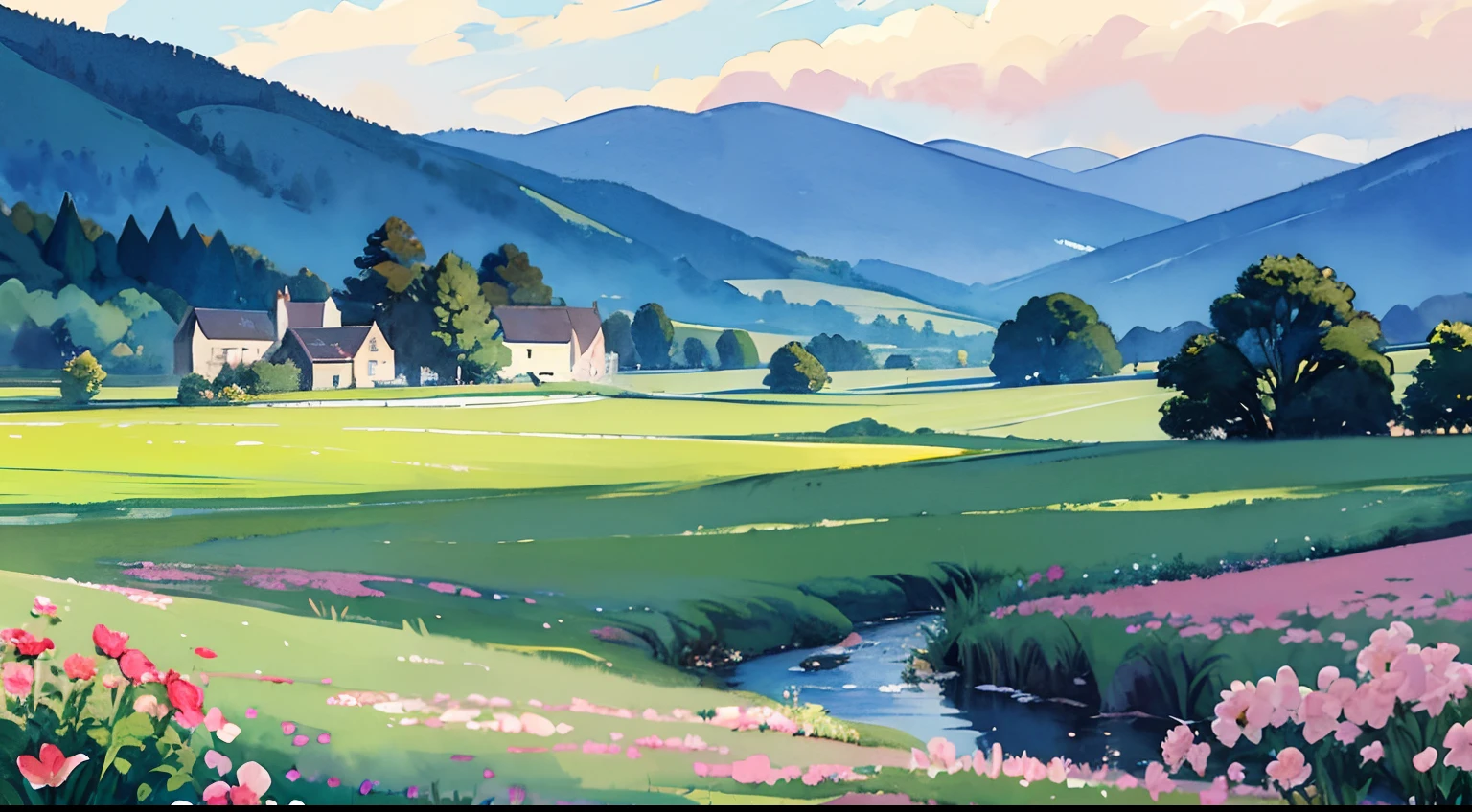 (Watercolor in Sargent style)、(top-quality、masterpiece)、Soft light、View of the Cotswolds,Old farmhouse、rivulets、flower bloom、carriage、