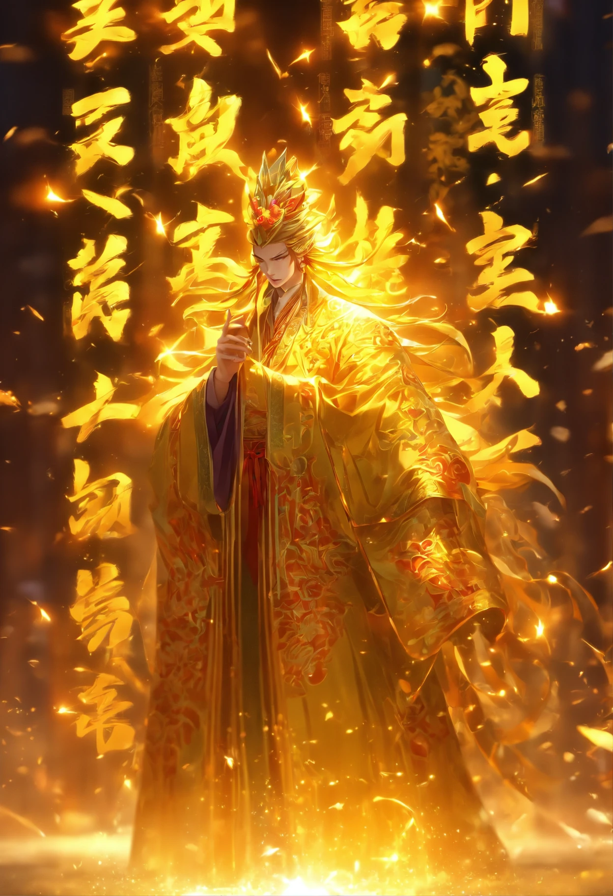 An ancient Chinese scholar,Holding a golden brush,Writing is in full swing,(Transparent glowing golden Chinese characters hovered in midair:2),Vertical text,glittery,Scholar in blue robes,Long flowing hair flutters in the wind,16k, hyper HD, high resolution, Very detailed, Best image quality,dynamicposes,(20 columns of Chinese characters:2),arranged in an orderly fashion