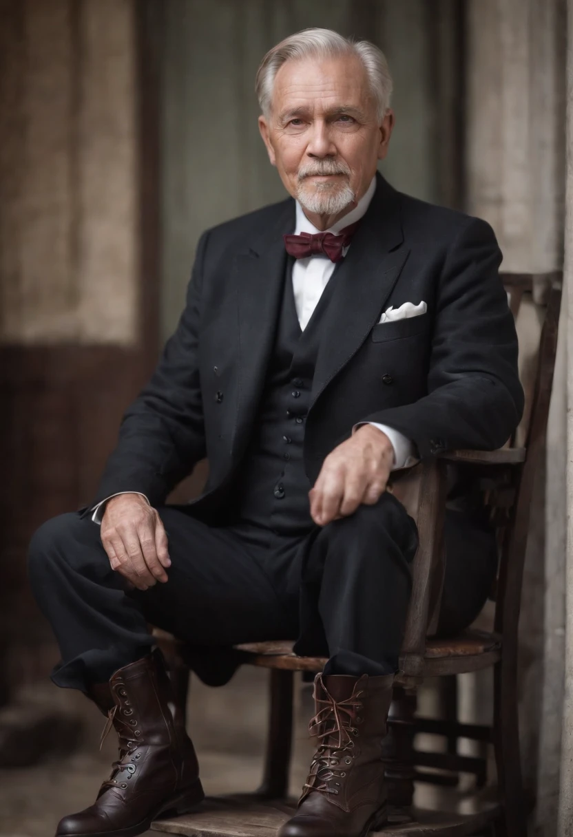 Old gentleman with a goatee,sit on chair,Eyes look at boots,Black high-gloss rain boots, 8K分辨率,Wallpaper masterpiece,Best quality,Highly meticulous,Ultra high quality