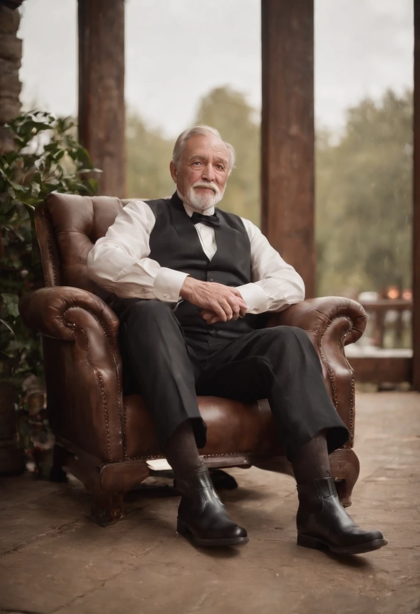 Old gentleman with a goatee,sit on chair,Eyes look at boots,Black high-gloss rain boots, 8K分辨率,Wallpaper masterpiece,Best quality,Highly meticulous,Ultra high quality