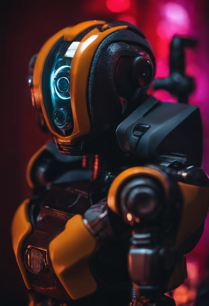 Create a realistic mini robot, with security surveillance camera head, Using a technology dashboard, a noite, com neon