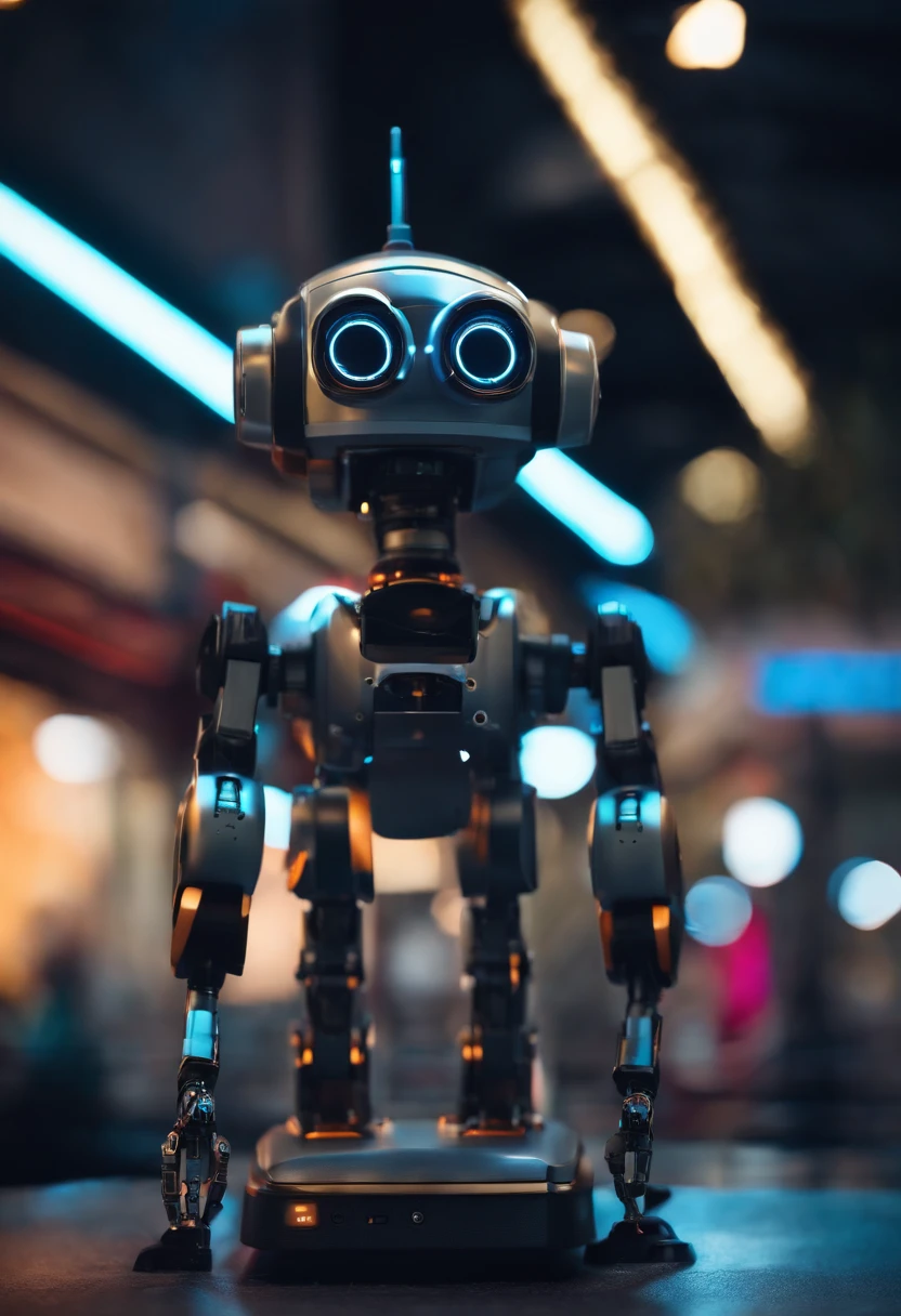 Create a realistic mini robot, with security surveillance camera head, Using a technology dashboard, a noite, com neon