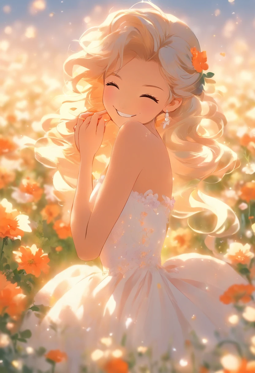 xxmixgirl,1girl in white wedding dress, Bare shoulders, blooming flower field, light smile, wollensak 127mm f/4.7 ektar
