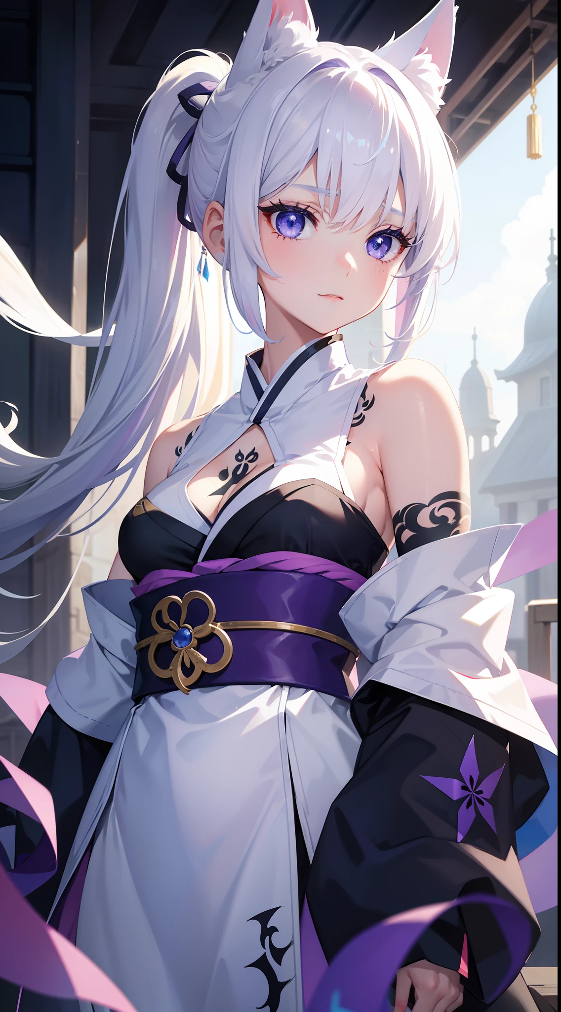 young girl, white colored hair, Cat's ears, high ponytail, Heterochromia, blue and purple eyes, Blue kimono, tattoo, Sleeveless, Deep neckline on the chest, open breasts, open shoulders, Masterpiece, hiquality, high detail, HD, 4k