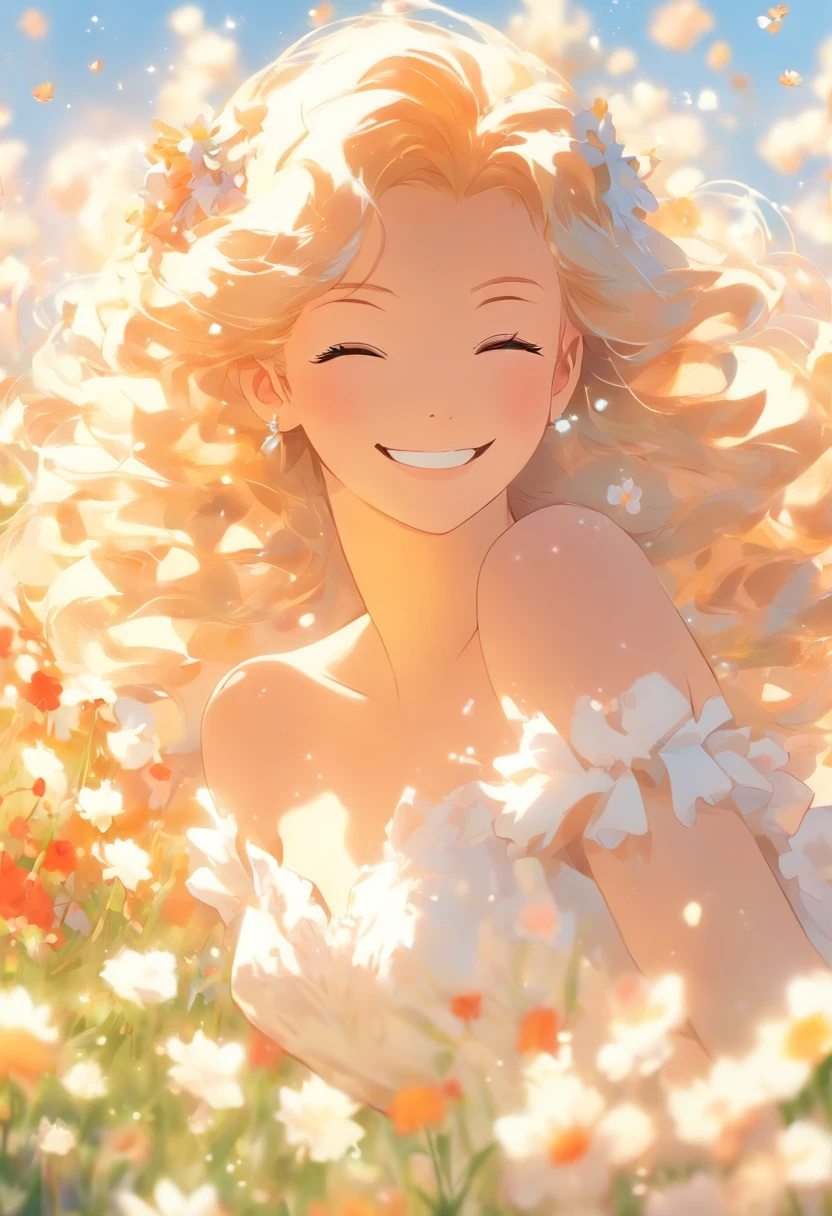 (xxmixgirl:1.2),1girl in white wedding dress, Bare shoulders, blooming flower field, light smile, wollensak 127mm f/4.7 ektar