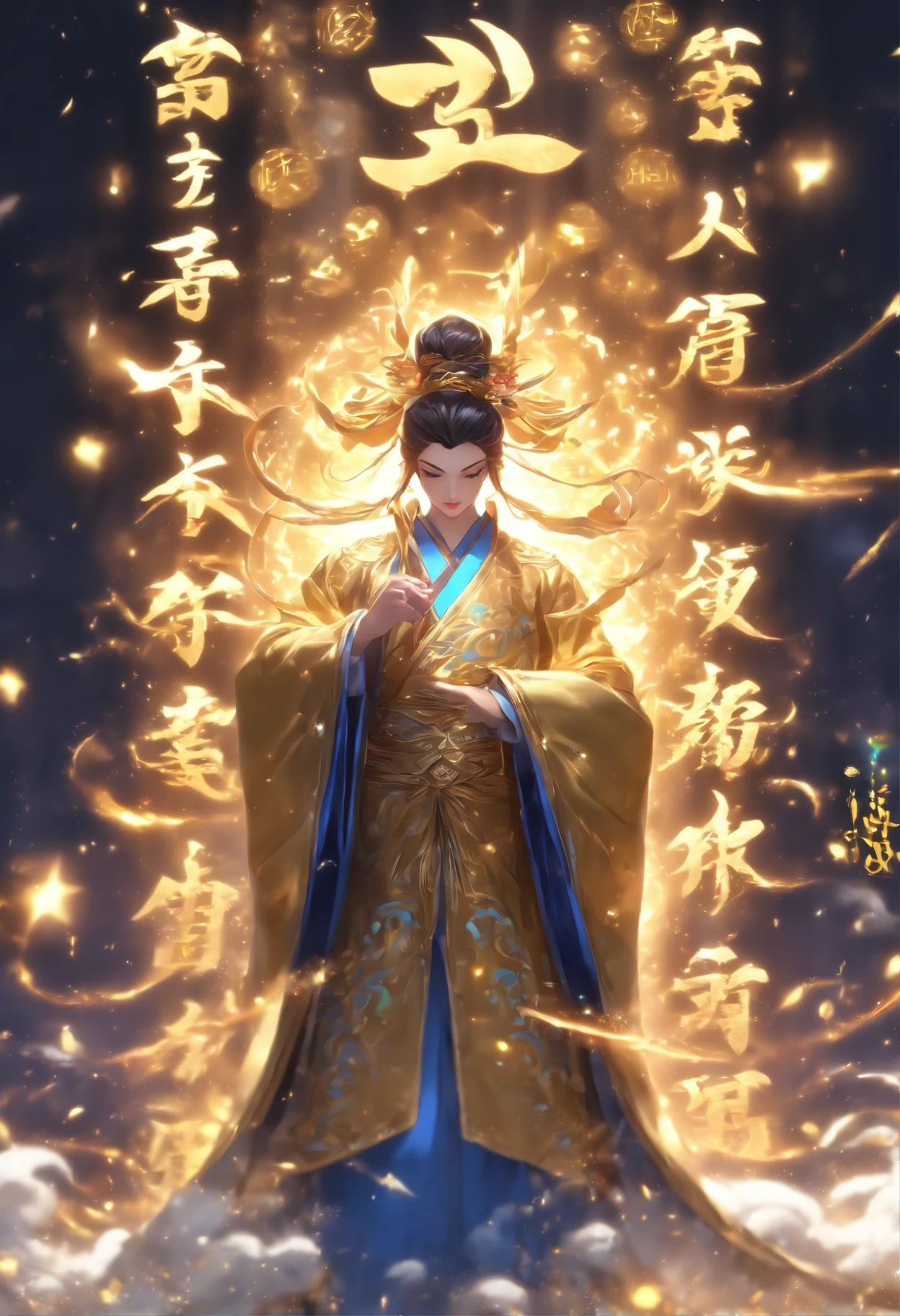 An ancient Chinese scholar，Holding a golden brush，Writing is in full swing，(Transparent glowing golden Chinese characters hovered in midair:2)，Vertical text，glittery，(Scholar in blue robes:1.5)，Long flowing hair flutters in the wind，16k, hyper HD, high resolution, Very detailed, Best image quality,dynamicposes，(20 columns of Chinese characters:2)，arranged in an orderly fashion