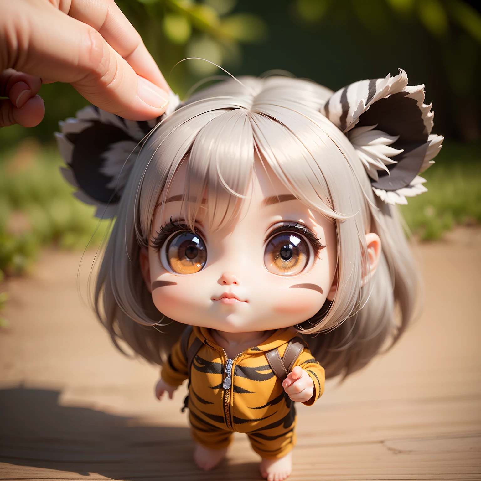 (Best Quality), (masutepiece), Charming chibi animation of cute with tiger-like face, (Chibi 3D): 1.3, (A detailed face:1.2), (Standing posture:1.1), Randomly selected backgrounds.