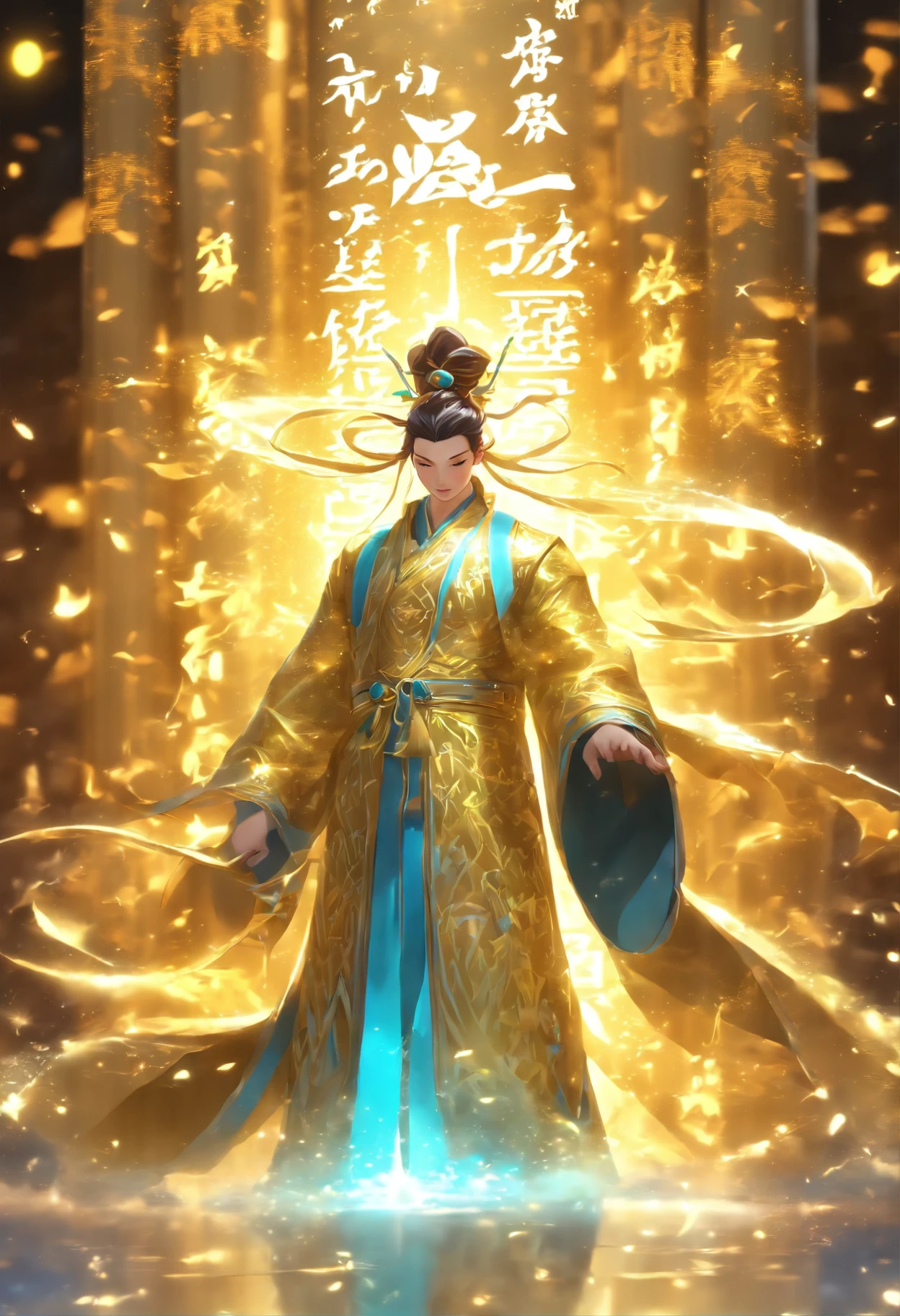 An ancient Chinese scholar,Holding a golden brush,Writing is in full swing,(Transparent glowing golden Chinese characters hovered in midair:2),Vertical text,glittery,(Scholar in blue robes:1.5),Long flowing hair flutters in the wind,16k, hyper HD, high resolution, Very detailed, Best image quality,dynamicposes,(20 columns of Chinese characters:2),arranged in an orderly fashion
