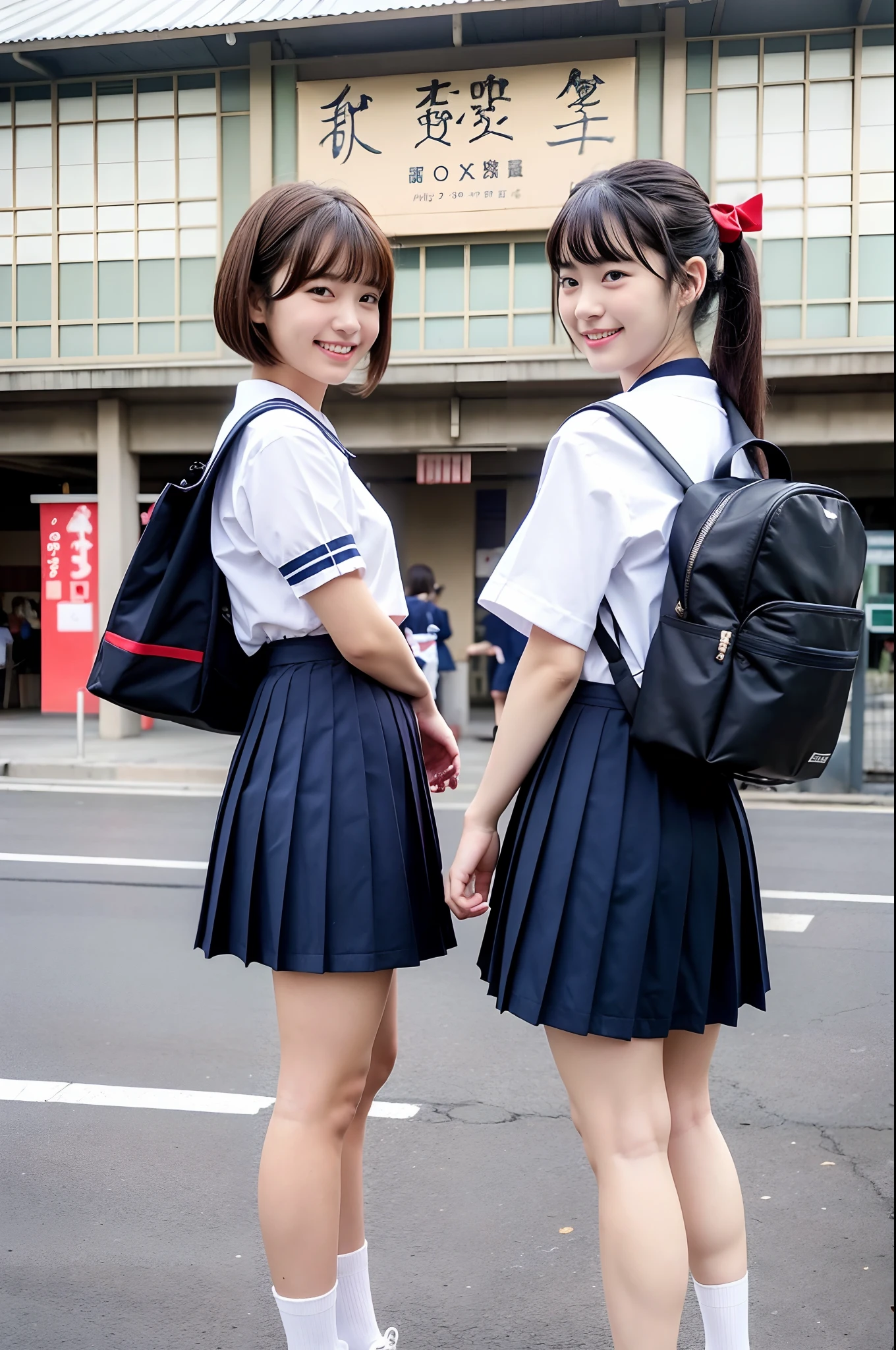 Girl on the old Japan station platform,White Sailor School Shirt,Navy blue high waist pleated skirt,Bow with a thin dark red ribbon on the hair,School bag,18year old,Bangs,A little smile,Knees,short cut hair,Low ponytail,From below