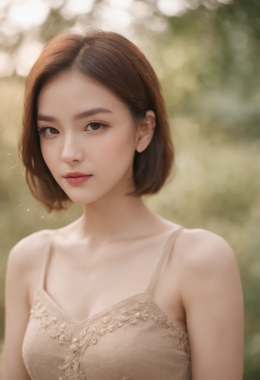 Girl vs、(Face details:1.2)、tmasterpiece、a short bob、Brown eyes、super high precision、top-quality、Top image quality、Ultra-precise depiction、8K picture quality、simple background、cropped shoulders、Knitted dress、
