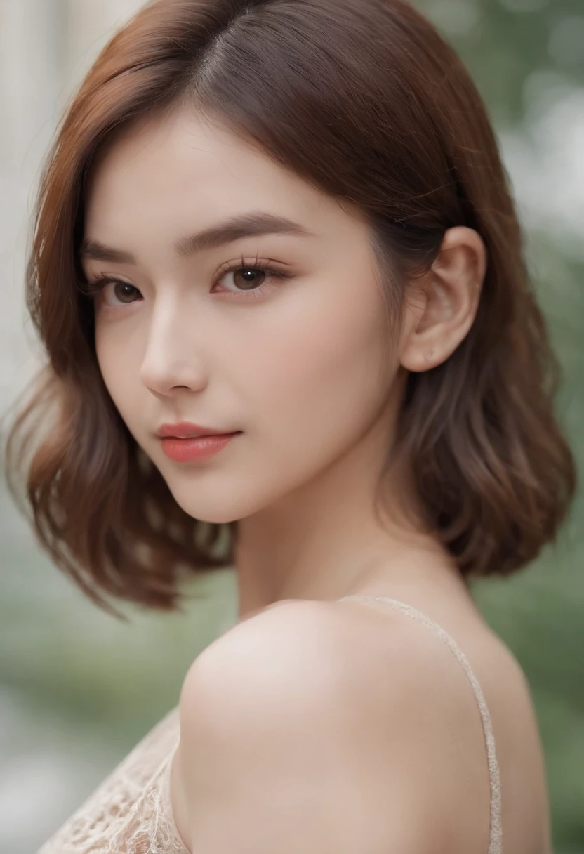 Girl vs、(Face details:1.2)、tmasterpiece、a short bob、Brown eyes、super high precision、top-quality、Top image quality、Ultra-precise depiction、8K picture quality、simple background、cropped shoulders、Knitted dress、