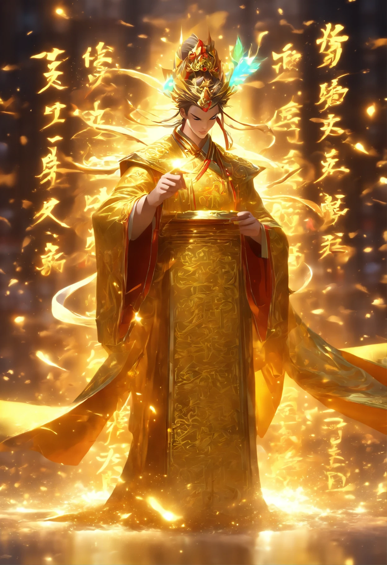 An ancient Chinese scholar,Holding a golden brush,Writing is in full swing,(Transparent glowing golden Chinese characters hovered in midair:2),Vertical text,glittery,Scholar in blue robes,Long flowing hair flutters in the wind,16k, hyper HD, high resolution, Very detailed, Best image quality,dynamicposes,(20 columns of Chinese characters:2),arranged in an orderly fashion