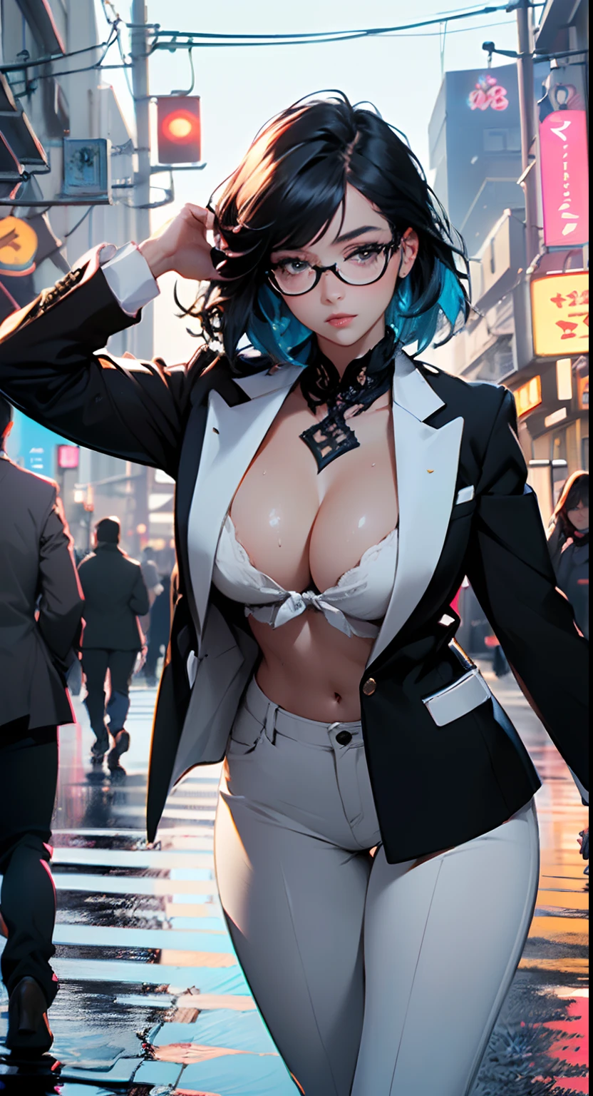 cute girl,(((1girl))),((girl with extremely cute and beautiful black hair)),
(Large breasts:1.4),(((black hair:1.35,colored inner hair,ear breathing,large hair,tomboy haircut))),(((black eyes:1.1))),intricate eyes,beautiful detailed eyes,symmetrical eyes,((fat)),((lustrous skin:1.5,bright skin: 1.5,skin tanned,shiny skin,very shiny skin,shiny body,plastic glitter skin,exaggerated shiny skin,illuminated skin,wet legs))),(spider lower abdomen,narrow waist,wide hip,athletic body,inflated legs,delicate detailed fingers,detailed body,human hands,(detailed face)),
cute,slutty,seductive,erotic,(((nsfw))),
((((glasses)))),(((wearing white formal blazer,black formal pants,))),(((huge cleavage))),((wet clothes,intricate outfit,intricate clothes)),
(dynamic pose:1.0),solo focus,embarrassed,(centered,scale to fit dimensions,Rule of thirds),
cyberpunk city by the ocean at night, with bright neon signs and dark stormy clouds and puddles, scenery:1.25,
highres, sharp focus, (ultra detailed, extremely detailed), (photorealistic artwork:1.37),(extremely detailed CG unity 8k wallpaper),((synthwave background theme)),(((vibrant colors))),(intricate background),(masterpiece),(best quality),