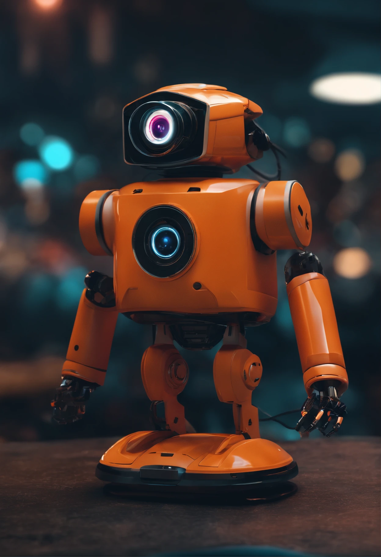 Create a realistic mini robot, with security surveillance camera head, Using a technology dashboard, a noite, com neon