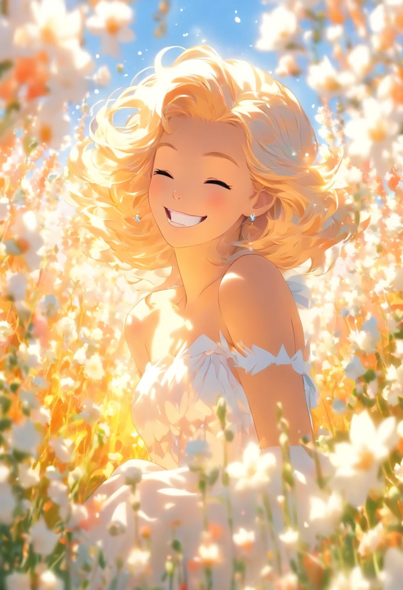 (xxmixgirl:1.7),1girl in white wedding dress, Bare shoulders, blooming flower field, light smile, wollensak 127mm f/4.7 ektar