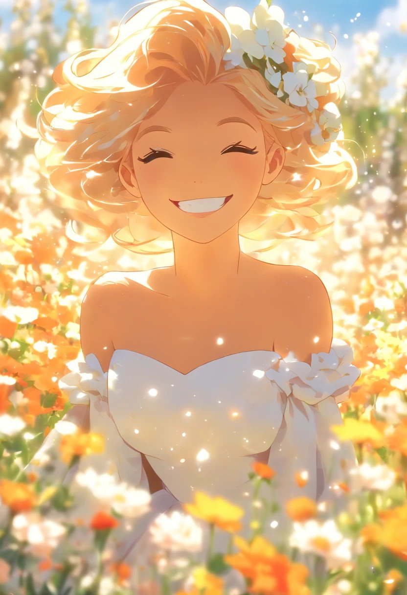 (xxmixgirl:1.7),1girl in white wedding dress, Bare shoulders, blooming flower field, light smile, wollensak 127mm f/4.7 ektar