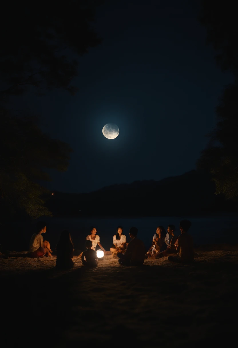 A group of young people under a full moon The surroundings have the color of the Mid-Autumn Festival
