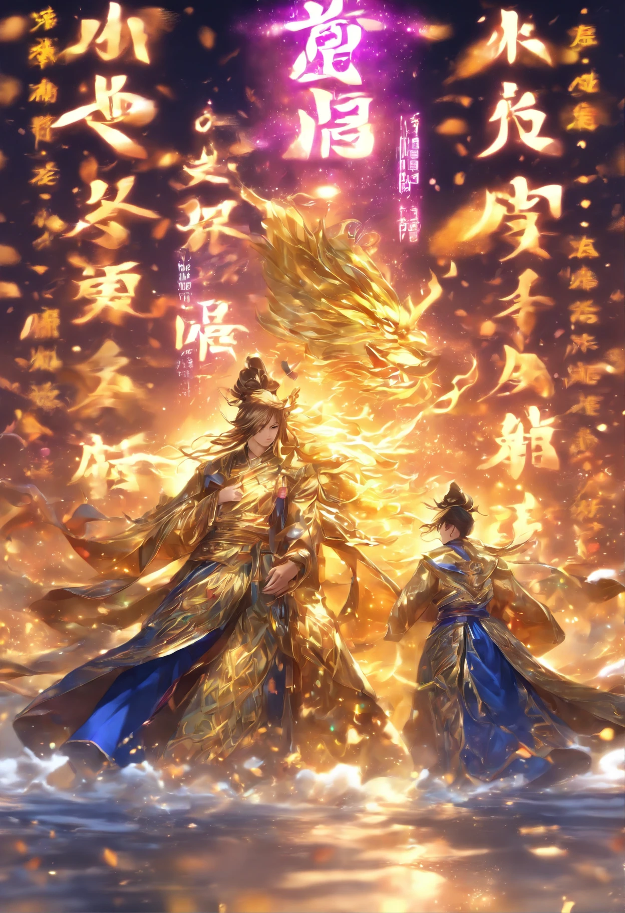 1boys，An ancient Chinese scholar，(Book in hand:1.5)，(Transparent glowing golden Chinese characters hovered in midair:2)，Vertical text，glittery，(Scholar in blue robes:1.5)，Long flowing hair flutters in the wind，brunette color hair，16k, hyper HD, high resolution, Very detailed, Best image quality,(dynamicposes:1.5)，(20 columns of Chinese characters:2)，arranged in an orderly fashion