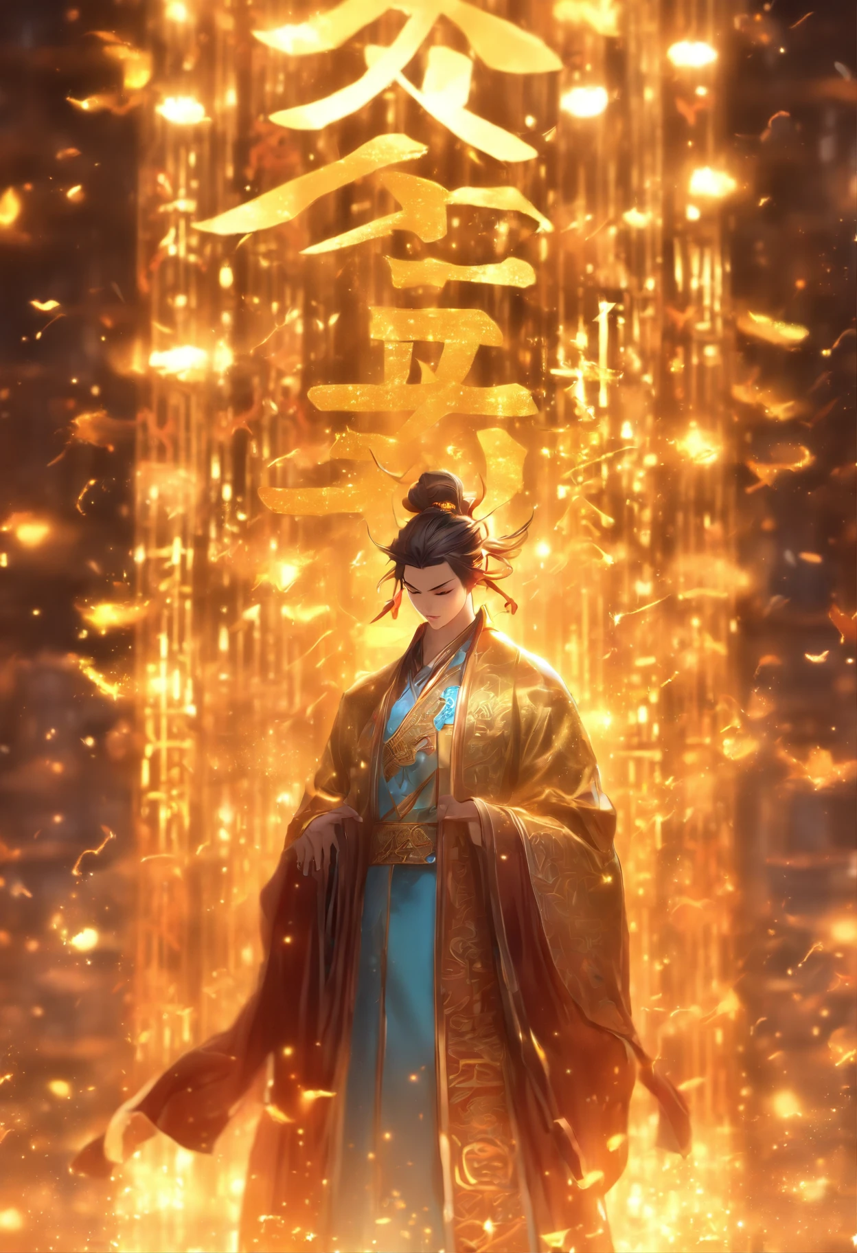 1boys，An ancient Chinese scholar，(Book in hand:1.5)，(Transparent glowing golden Chinese characters hovered in midair:2)，Vertical text，glittery，(Scholar in blue robes:1.5)，Long flowing hair flutters in the wind，brunette color hair，16k, hyper HD, high resolution, Very detailed, Best image quality,(dynamicposes:1.5)，(20 columns of Chinese characters:2)，arranged in an orderly fashion