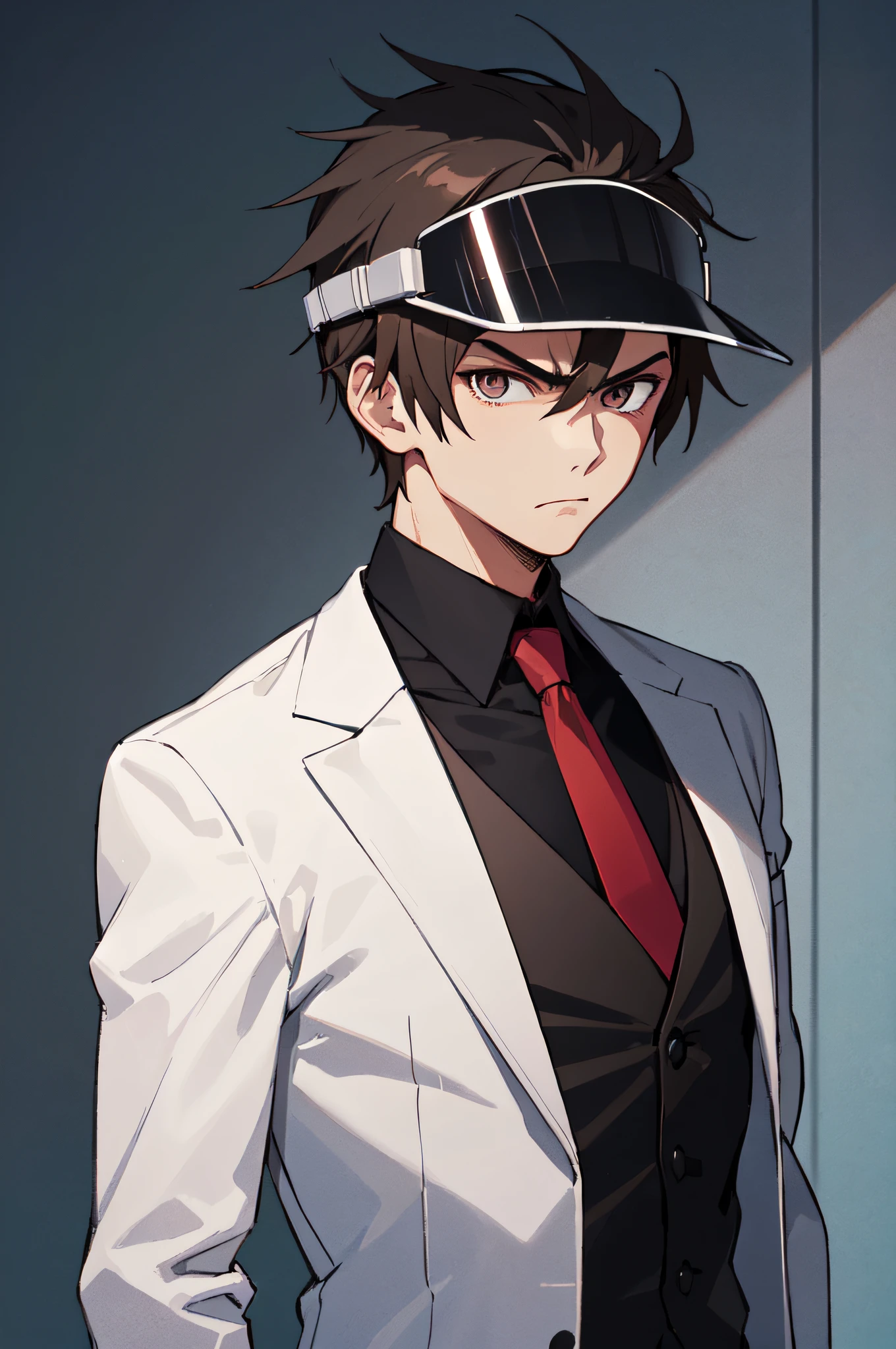 best quality,masterpiece,original,extremely detailed wallpaper,looking at viewer,1boy,solo,male,male focus,brown hair, spiky hair,angry,white_suit,visor,red_necktie,black slacks,