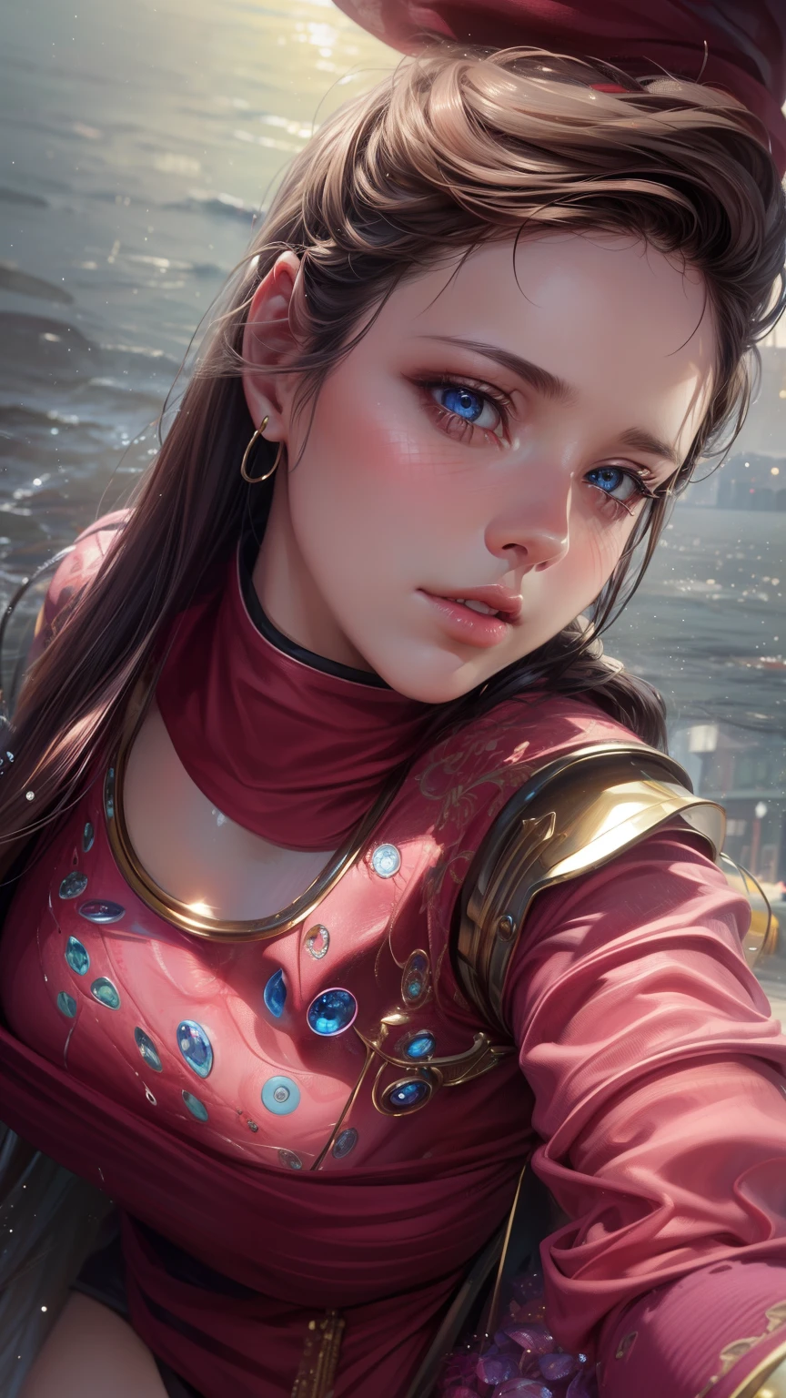 8K, Best Quality, Masterpiece, Ultra High Resolution, (Realism: 1.4), Original Photo, (Realistic Skin Texture: 1.3), (Film Grain: 1.3), (Selfie Angle), 1 Girl, Pink Clothes, Sapphire Color Eyes and Beautiful Face Details, Masterpiece, Best Quality, Close Up, Upper Body